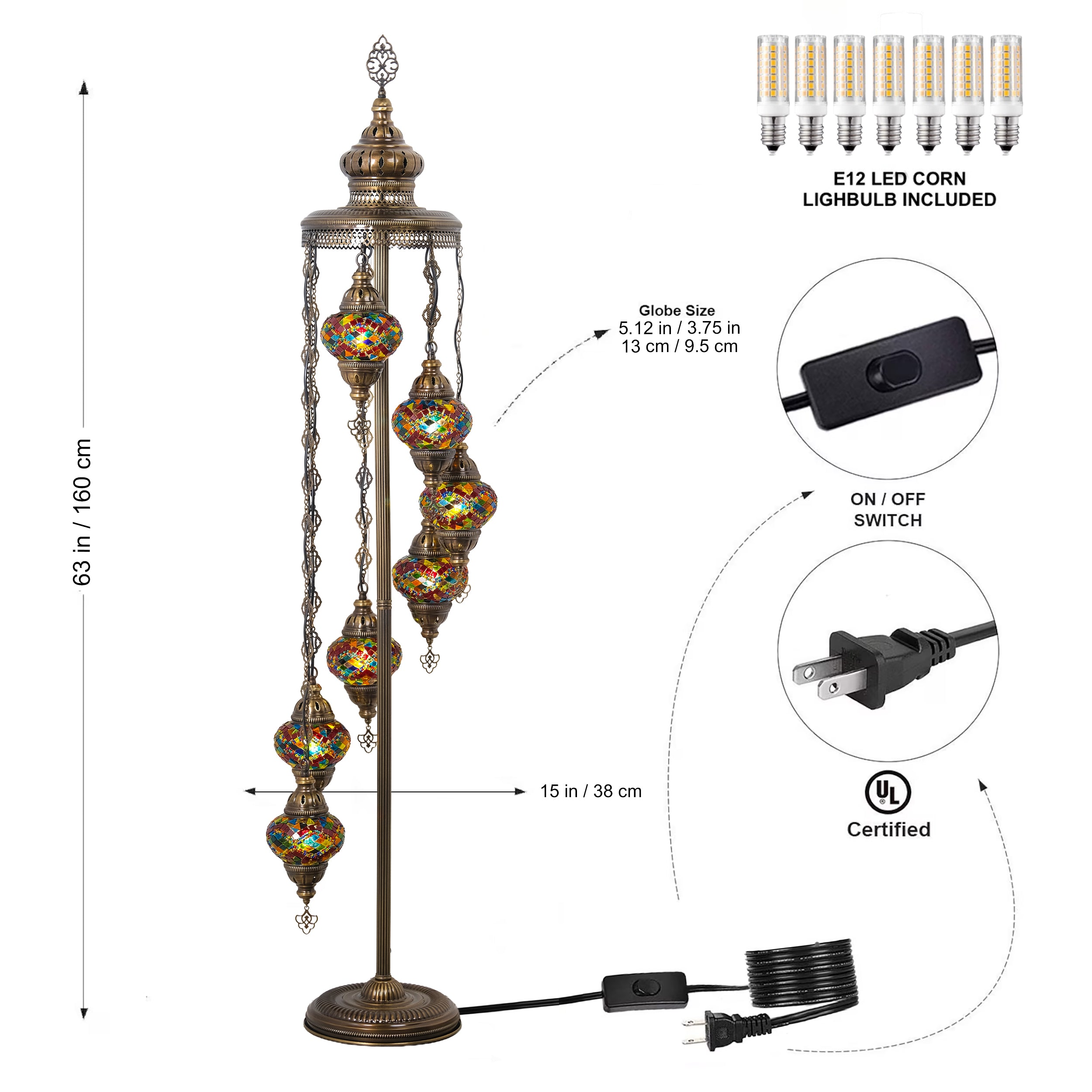 7-Globe Turkish Mosaic Floor Lamp (Rainbow)