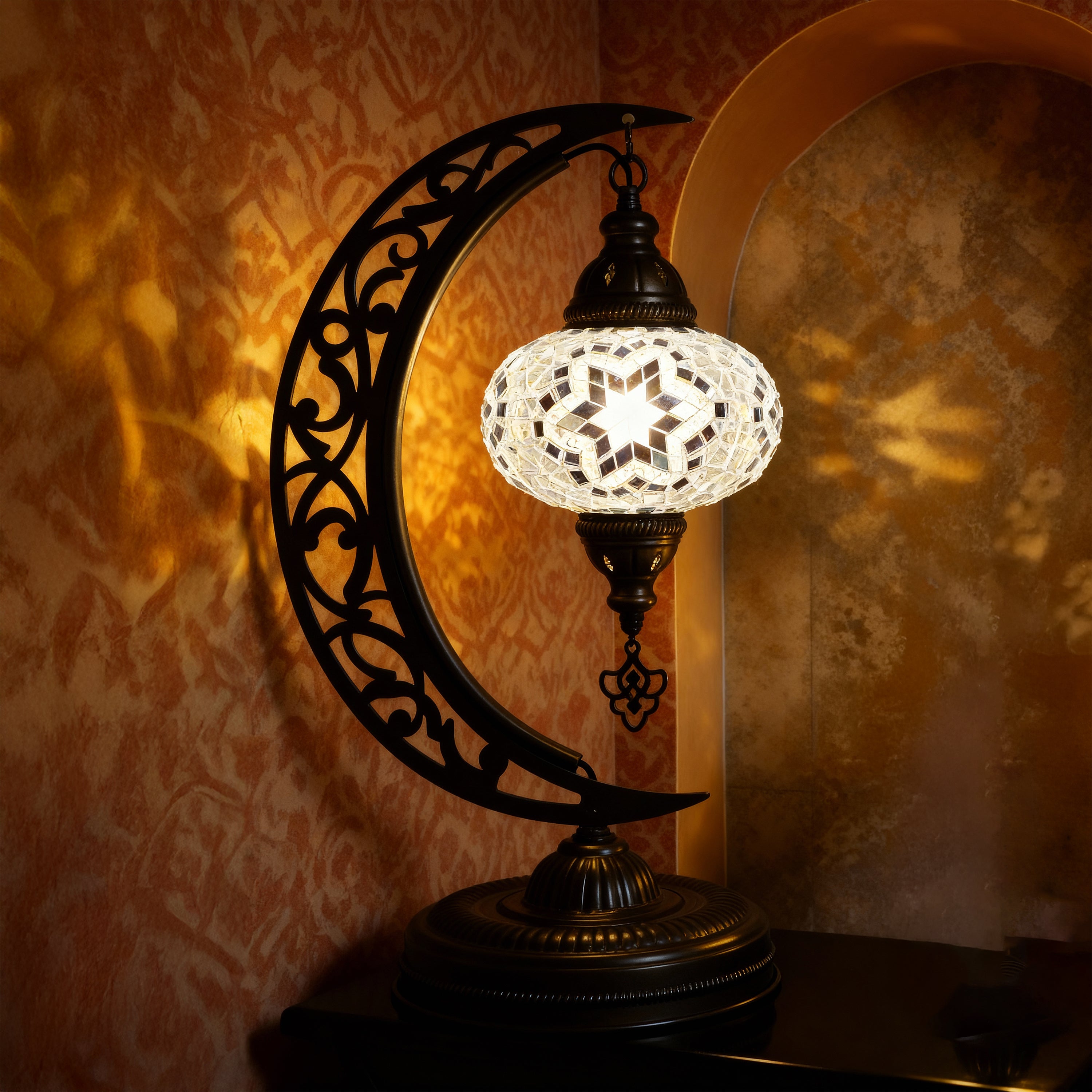 Turkish Mosaic Crescent Table Lamp (White)