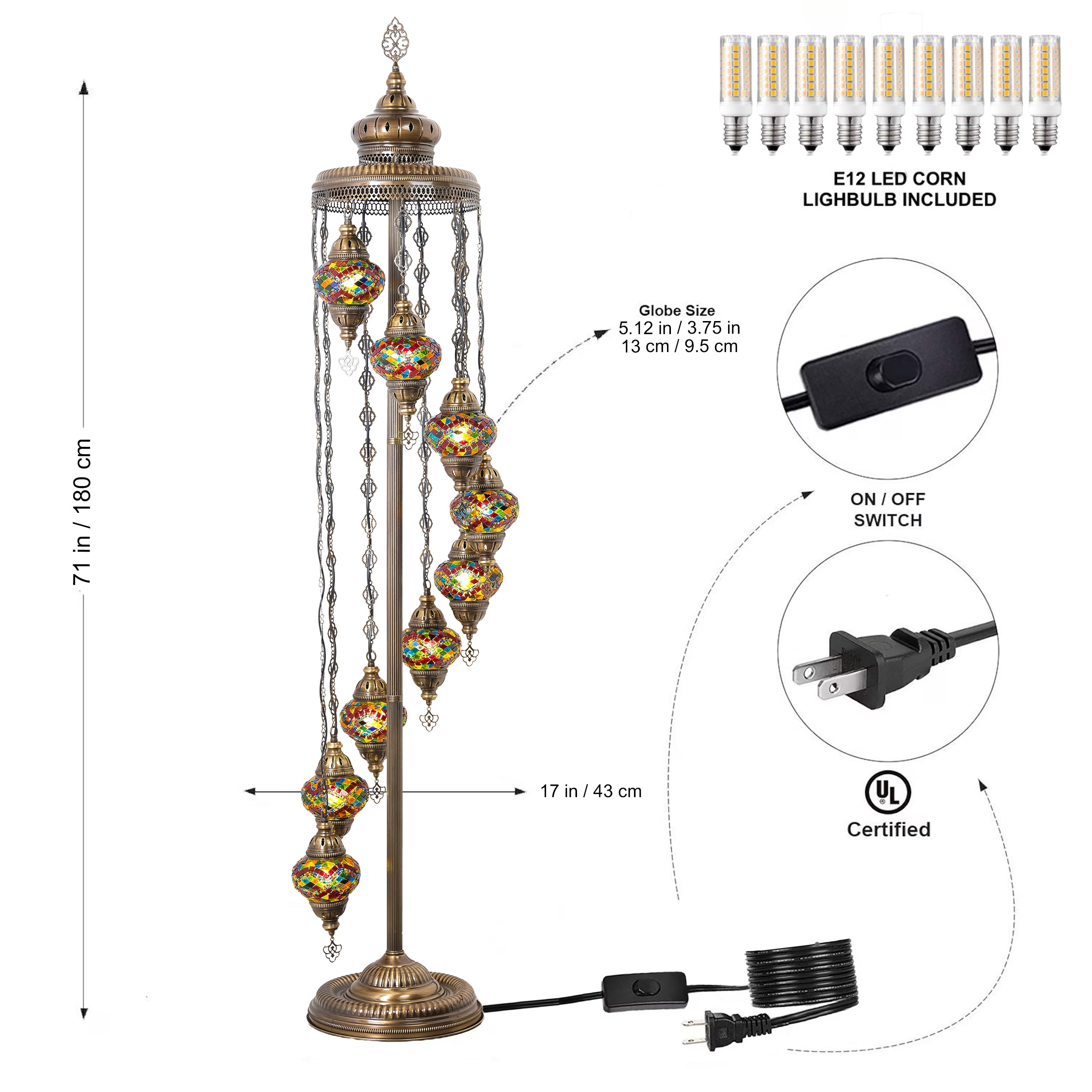 9-Globe Turkish Mosaic Floor Lamp (Rainbow)
