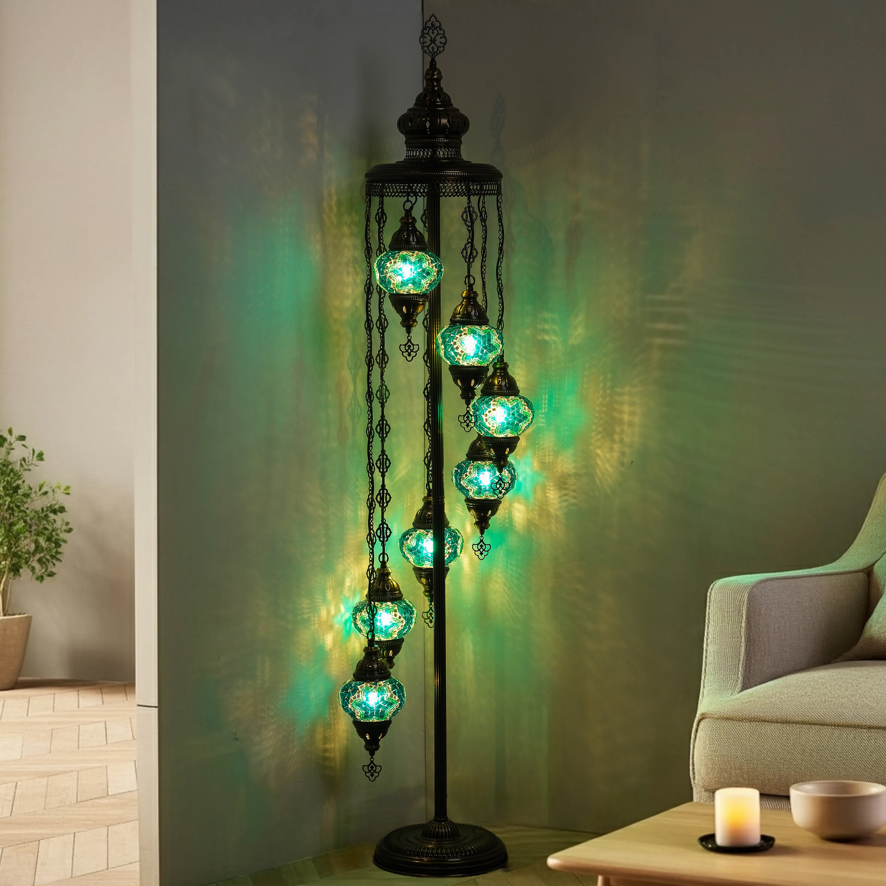 7-Globe Turkish Mosaic Floor Lamp (Green)