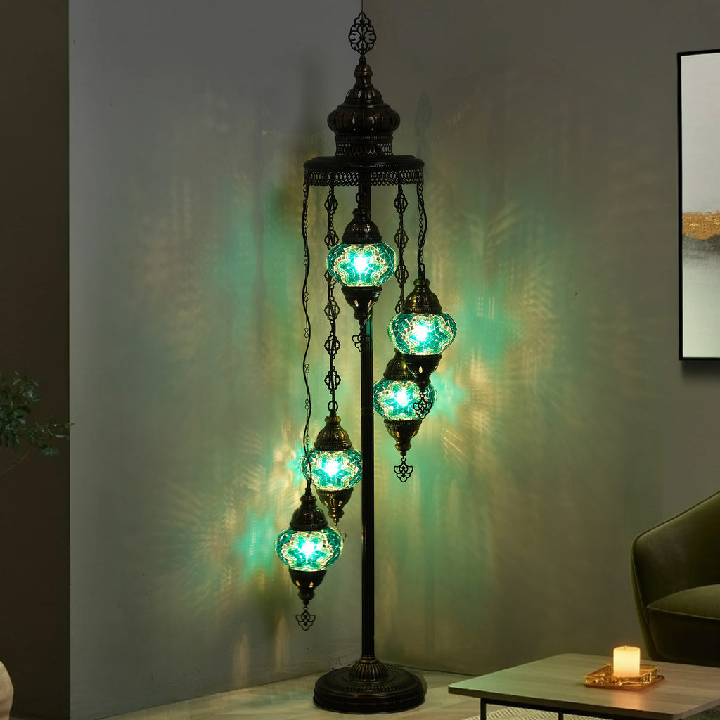 5-Globe Turkish Mosaic Floor Lamp (Green)