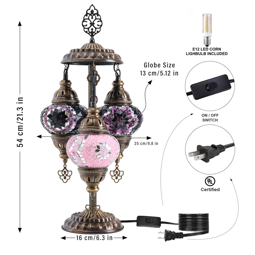 3-Globe Turkish Mosaic Table Lamp (Purple-Pink)