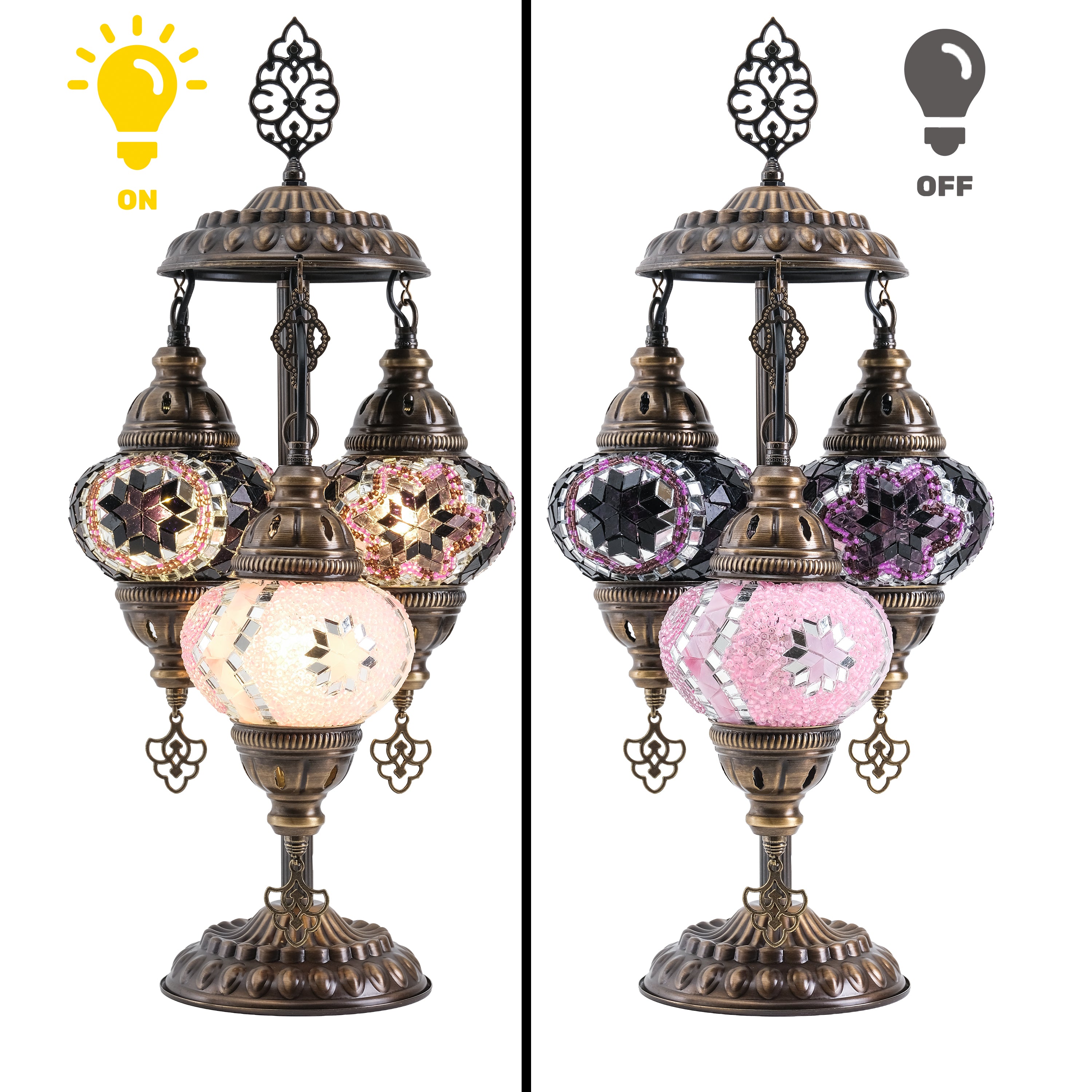 3-Globe Turkish Mosaic Table Lamp (Purple-Pink)