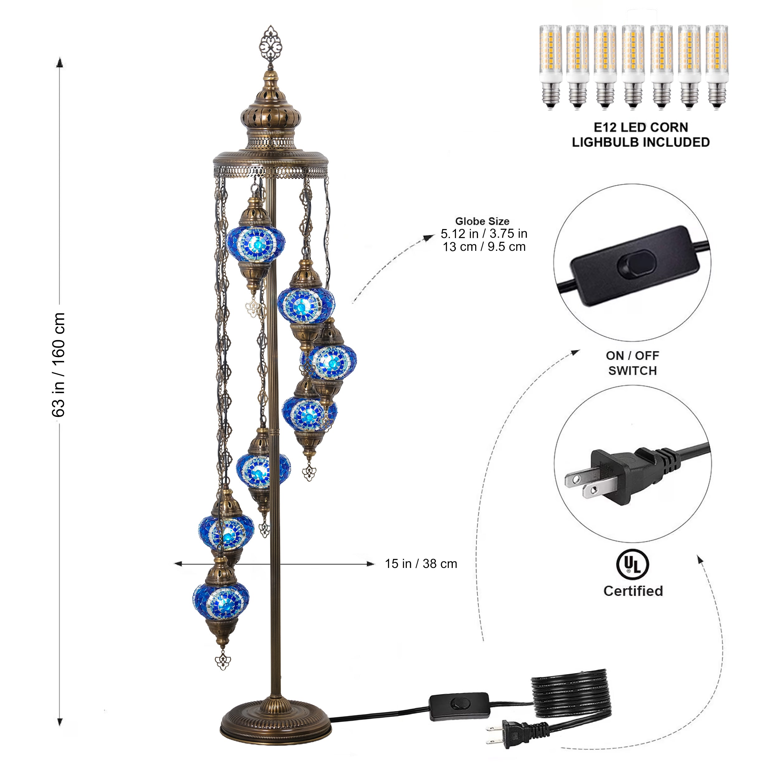 7-Globe Turkish Mosaic Floor Lamp (Blue)