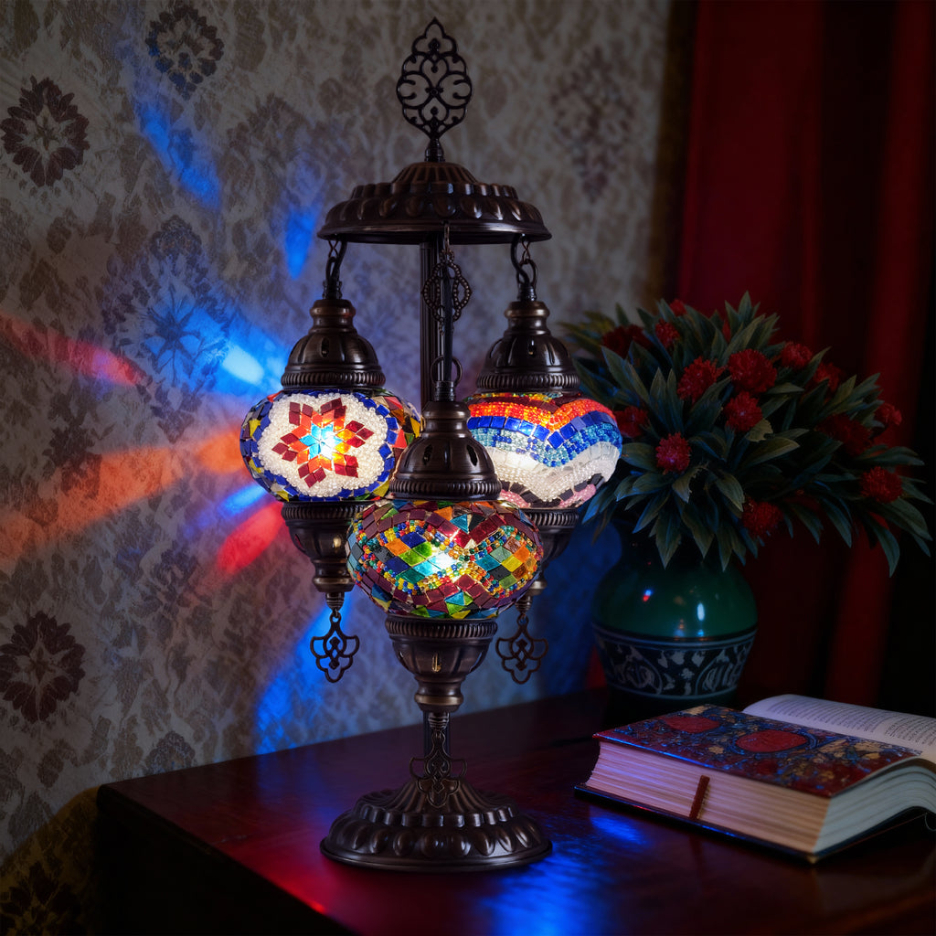 3-Globe Turkish Mosaic Table Lamp (Multi Color)