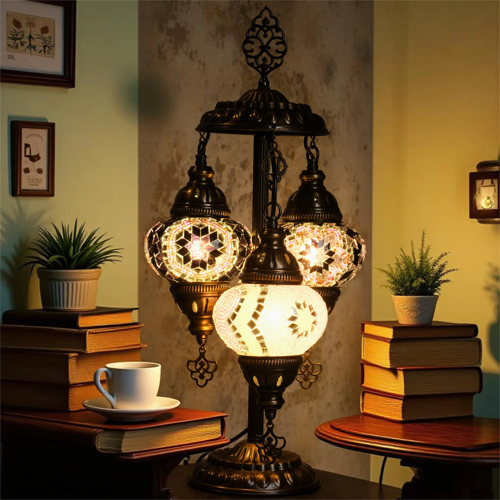 3-Globe Turkish Mosaic Table Lamp (Purple-Pink)