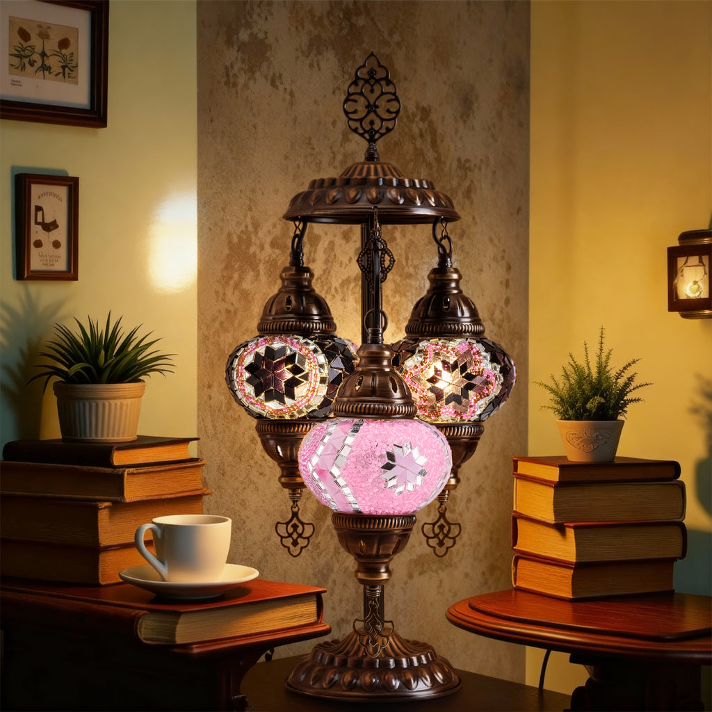 3-Globe Turkish Mosaic Table Lamp (Purple-Pink)