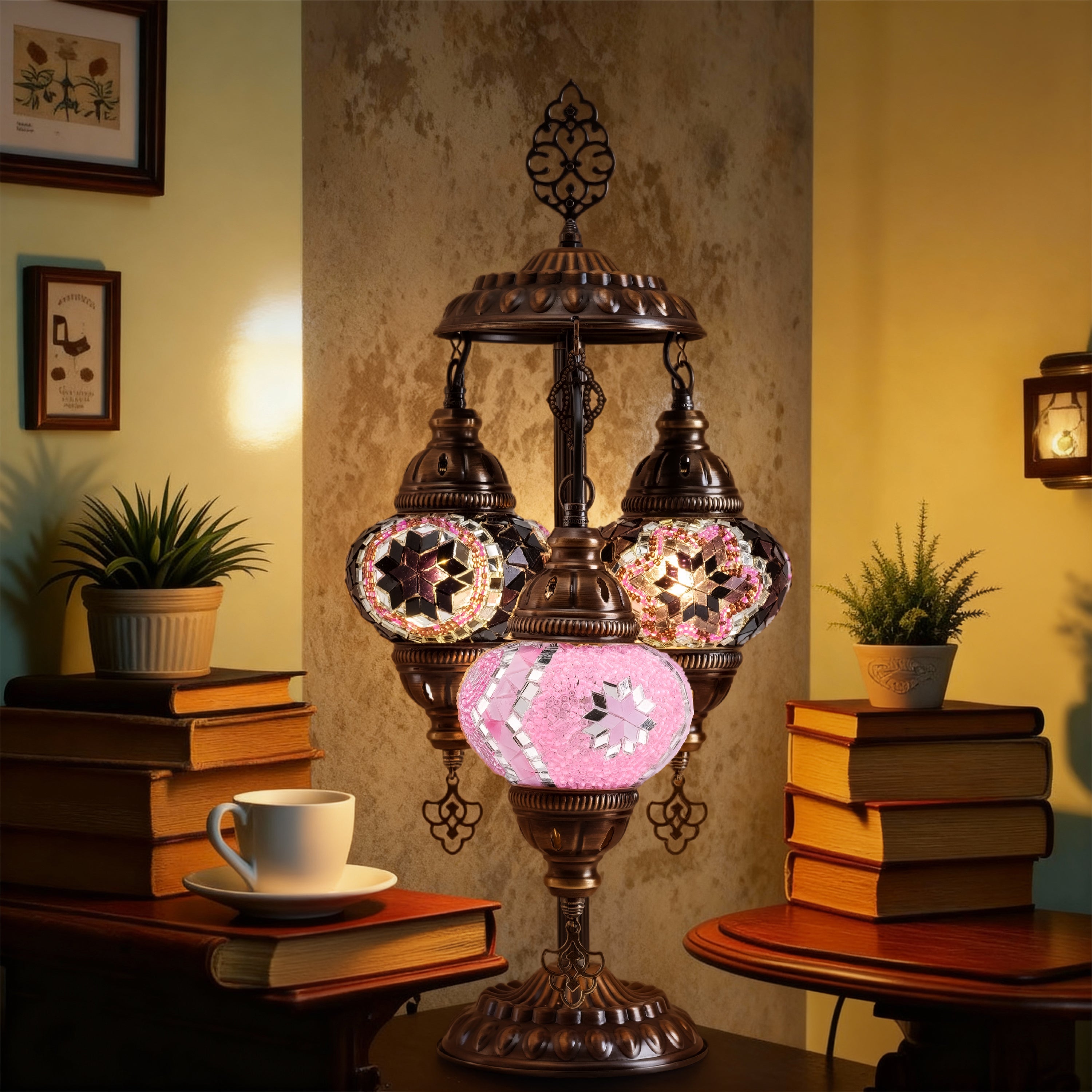 3-Globe Turkish Mosaic Table Lamp (Purple-Pink)