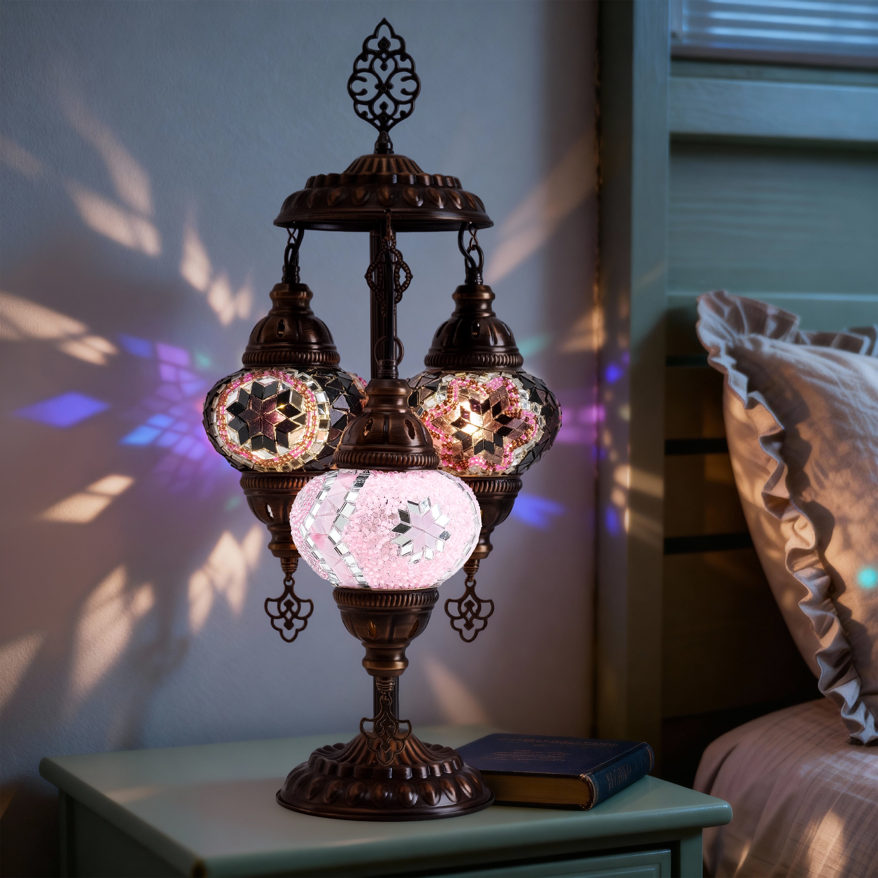 3-Globe Turkish Mosaic Table Lamp (Purple-Pink)