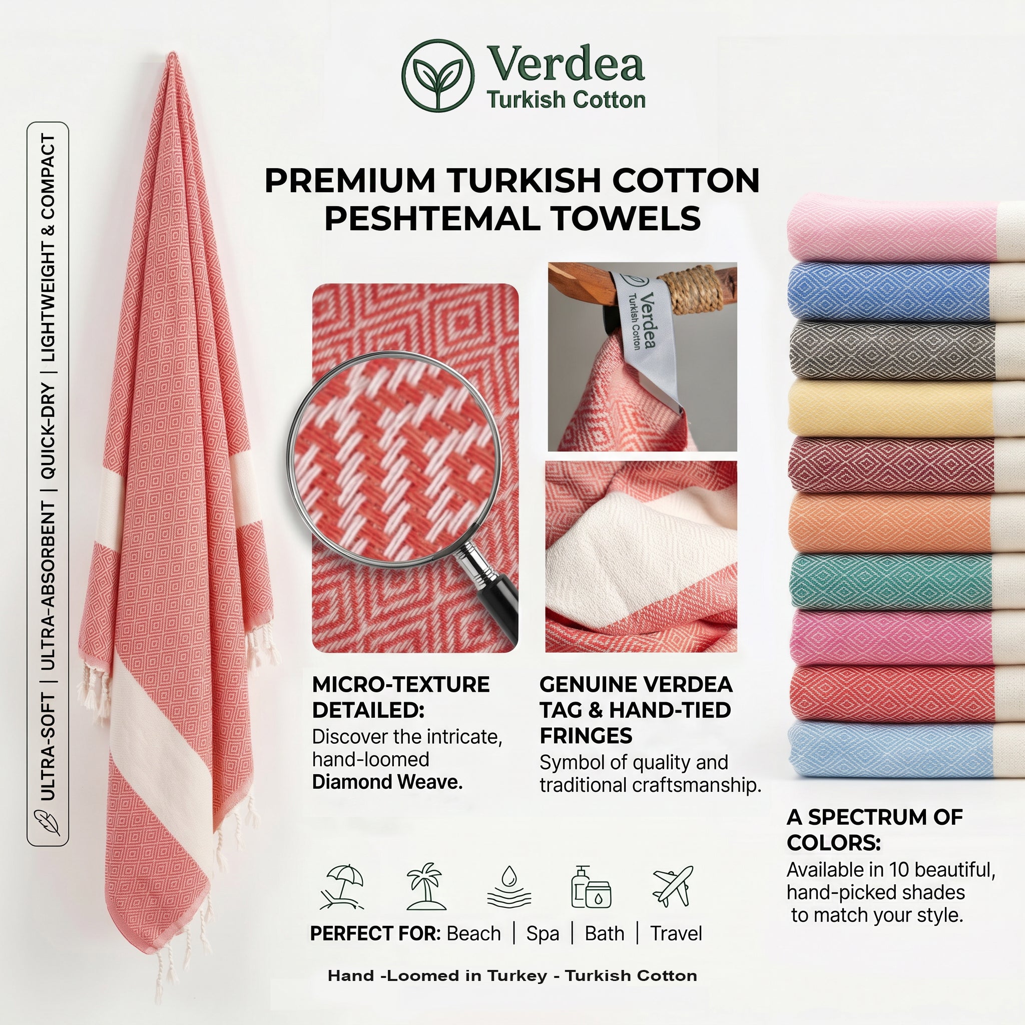 Red Diamond Premium Turkish Cotton Peshtemal – Lightweight Spa & Beach Towel, Soft, Absorbent & Quick Dry (EPS-01)