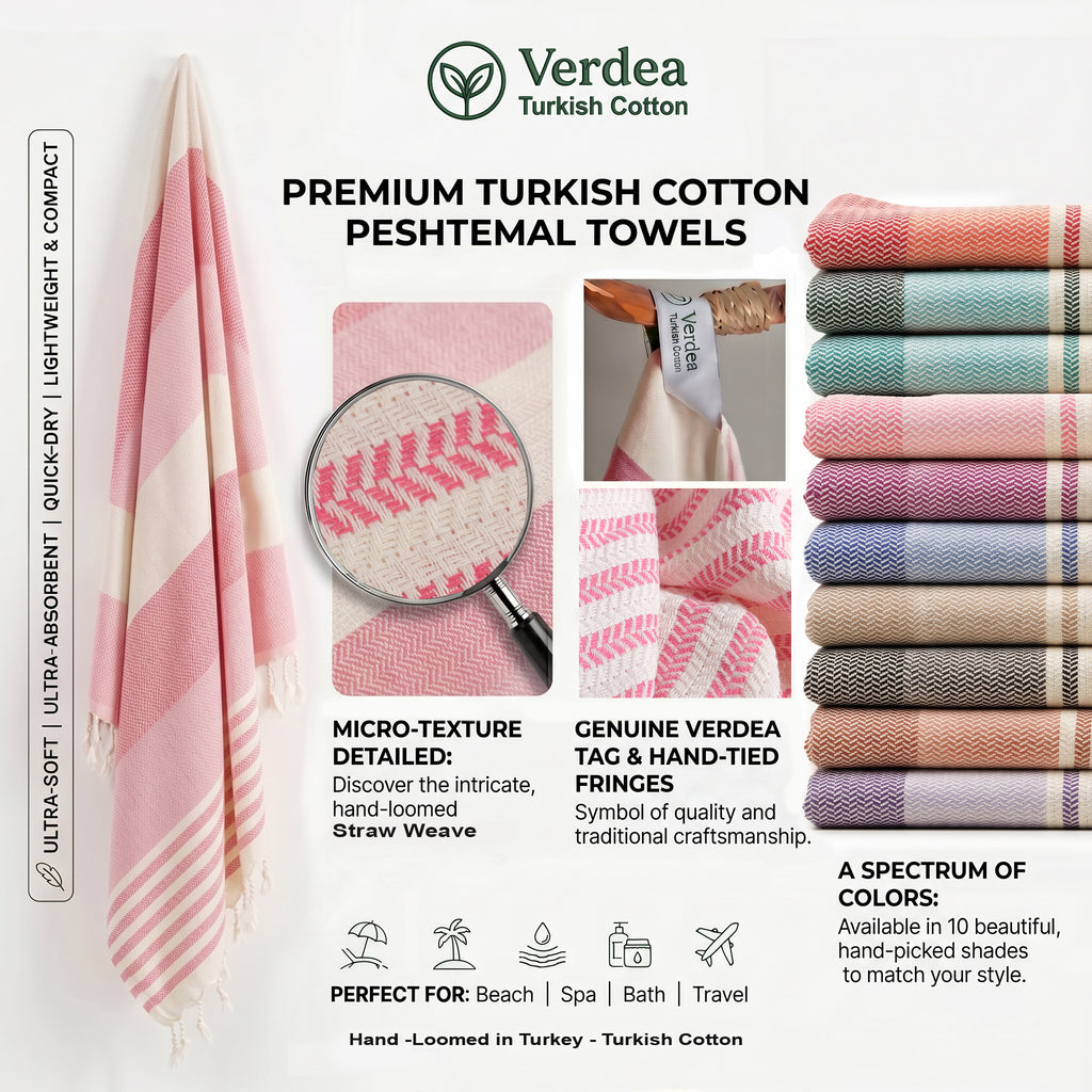 Pink Premium Turkish Cotton Peshtemal – Lightweight Spa & Beach Towel, Soft, Absorbent & Quick Dry (HPS-01)