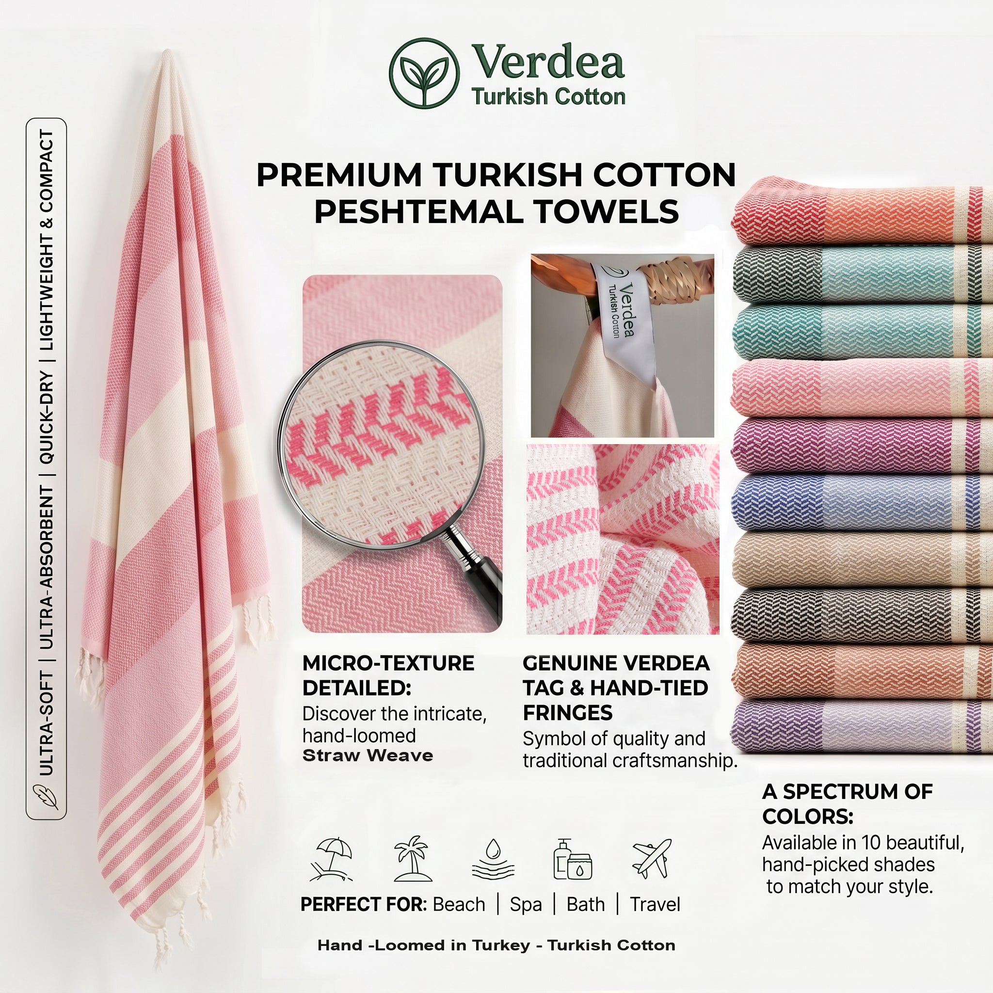 Pink Premium Turkish Cotton Peshtemal – Lightweight Spa & Beach Towel, Soft, Absorbent & Quick Dry (HPS-01)