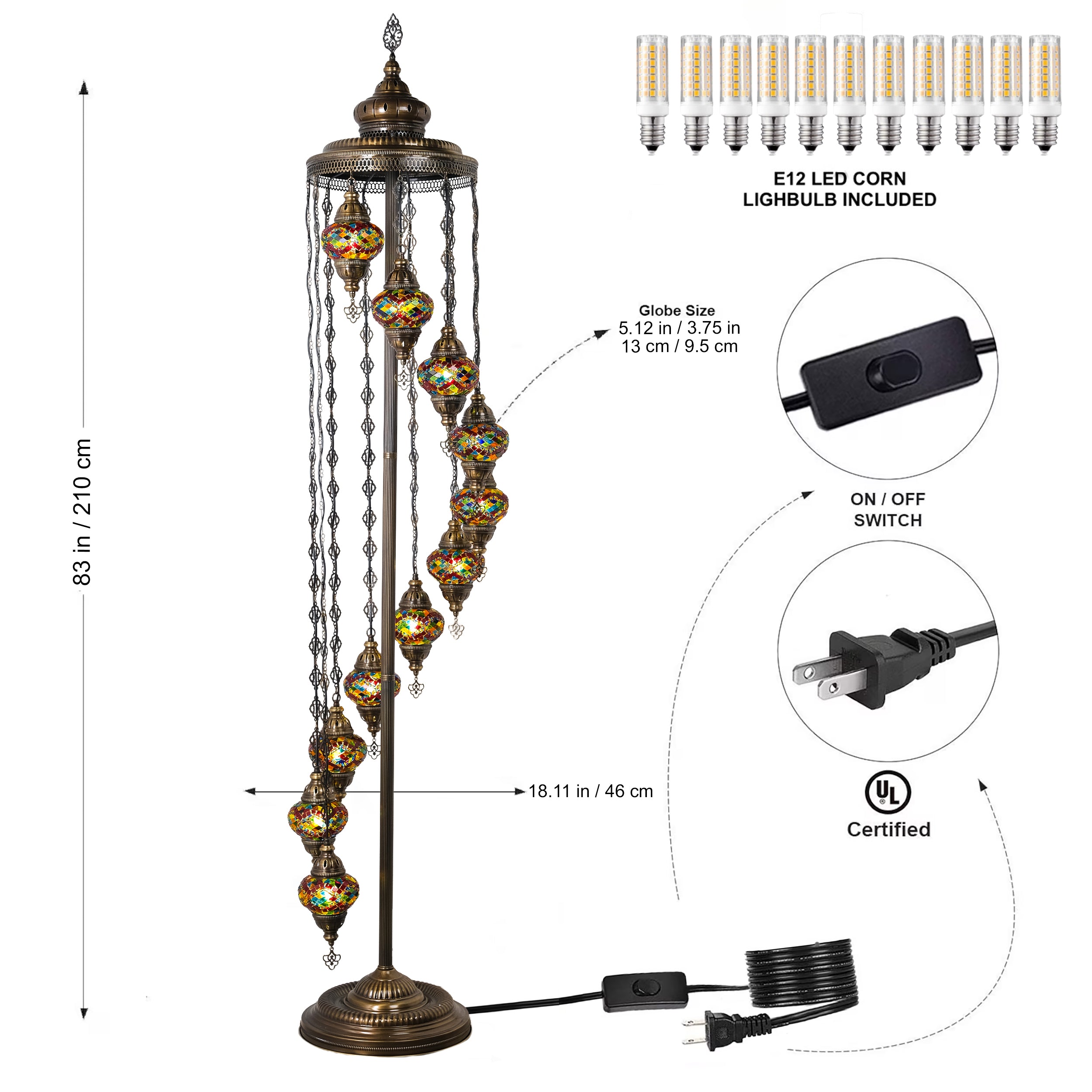 11-Globe Turkish Mosaic Floor Lamp (Rainbow)