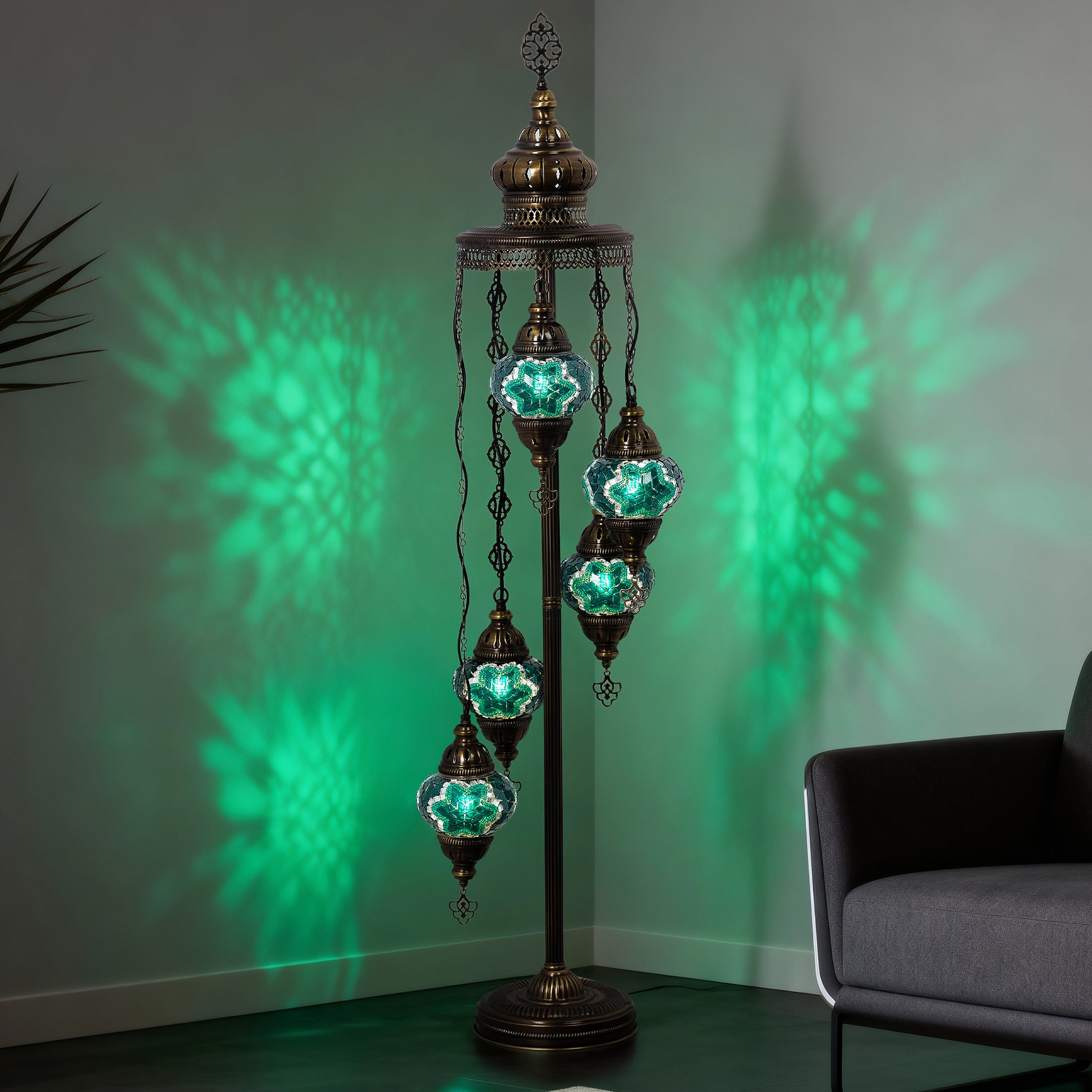 5-Globe Turkish Mosaic Floor Lamp (Green)