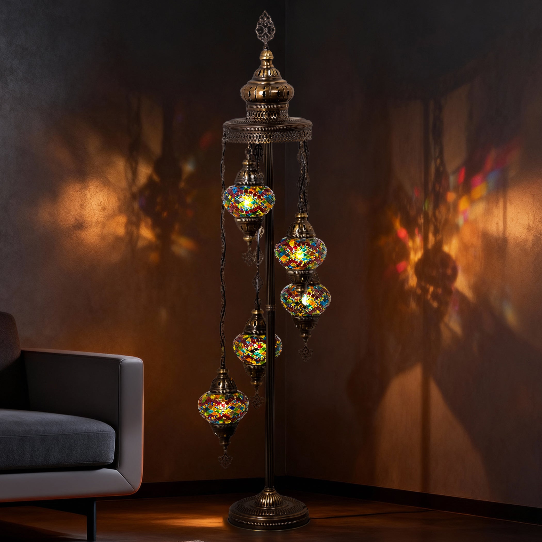 5-Globe Turkish Mosaic Floor Lamp (Rainbow)