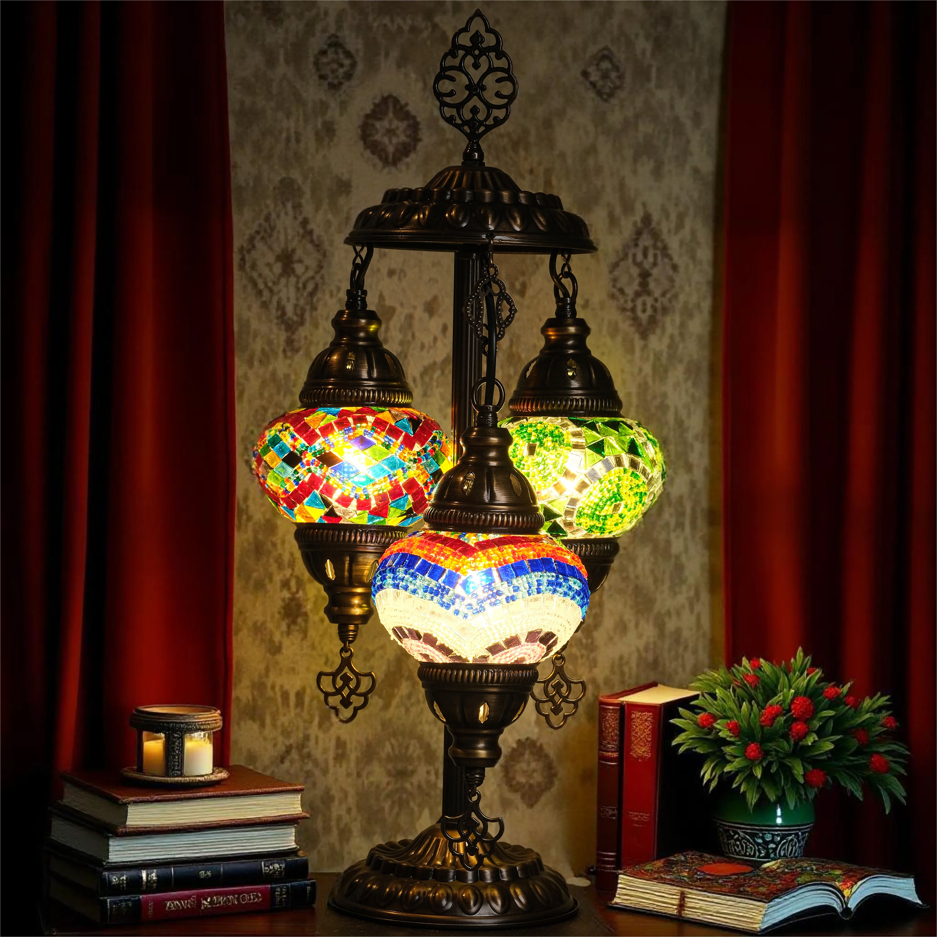 3-Globe Turkish Mosaic Table Lamp (Multi Color)