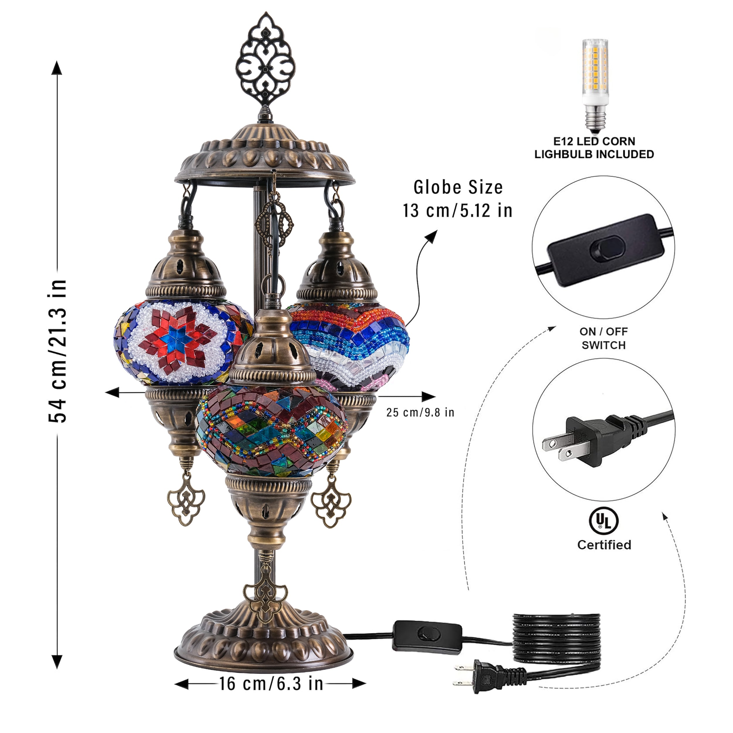 3-Globe Turkish Mosaic Table Lamp (Multi Color)