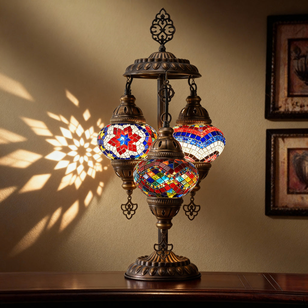 3-Globe Turkish Mosaic Table Lamp (Multi Color)