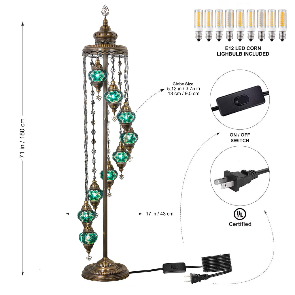 9-Globe Turkish Mosaic Floor Lamp (Green)