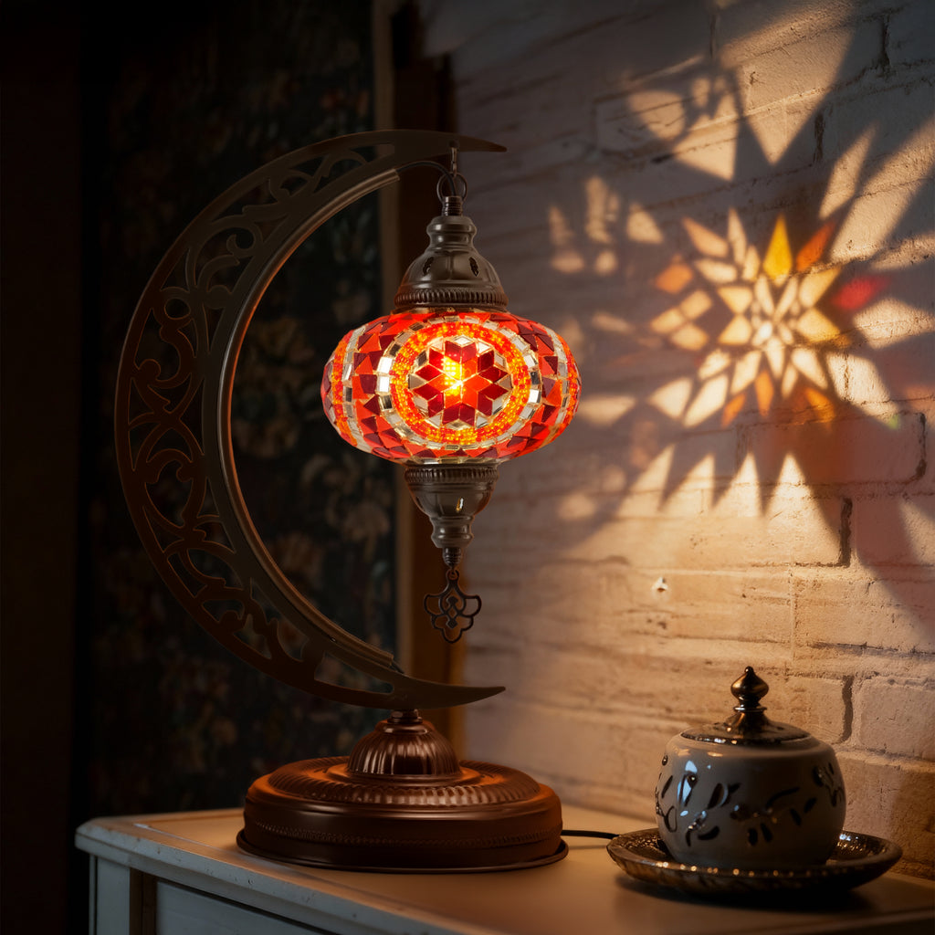 Turkish Mosaic Crescent Table Lamp (Orange)