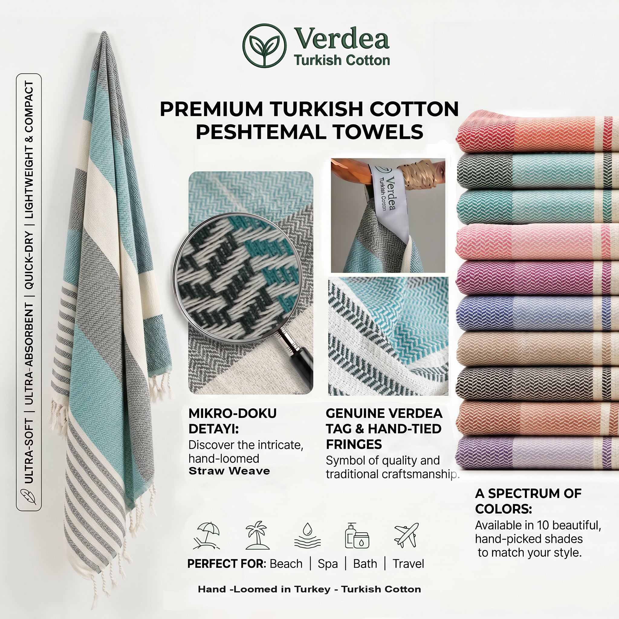 Green Premium Turkish Cotton Peshtemal – Lightweight Spa & Beach Towel, Soft, Absorbent & Quick Dry (HPS-01)