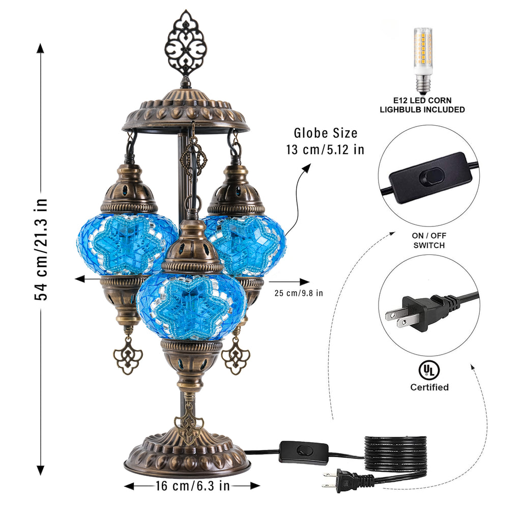 3-Globe Turkish Mosaic Table Lamp (Blue)