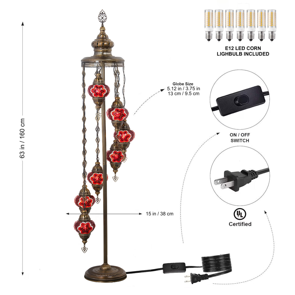 7-Globe Turkish Mosaic Floor Lamp (Red)