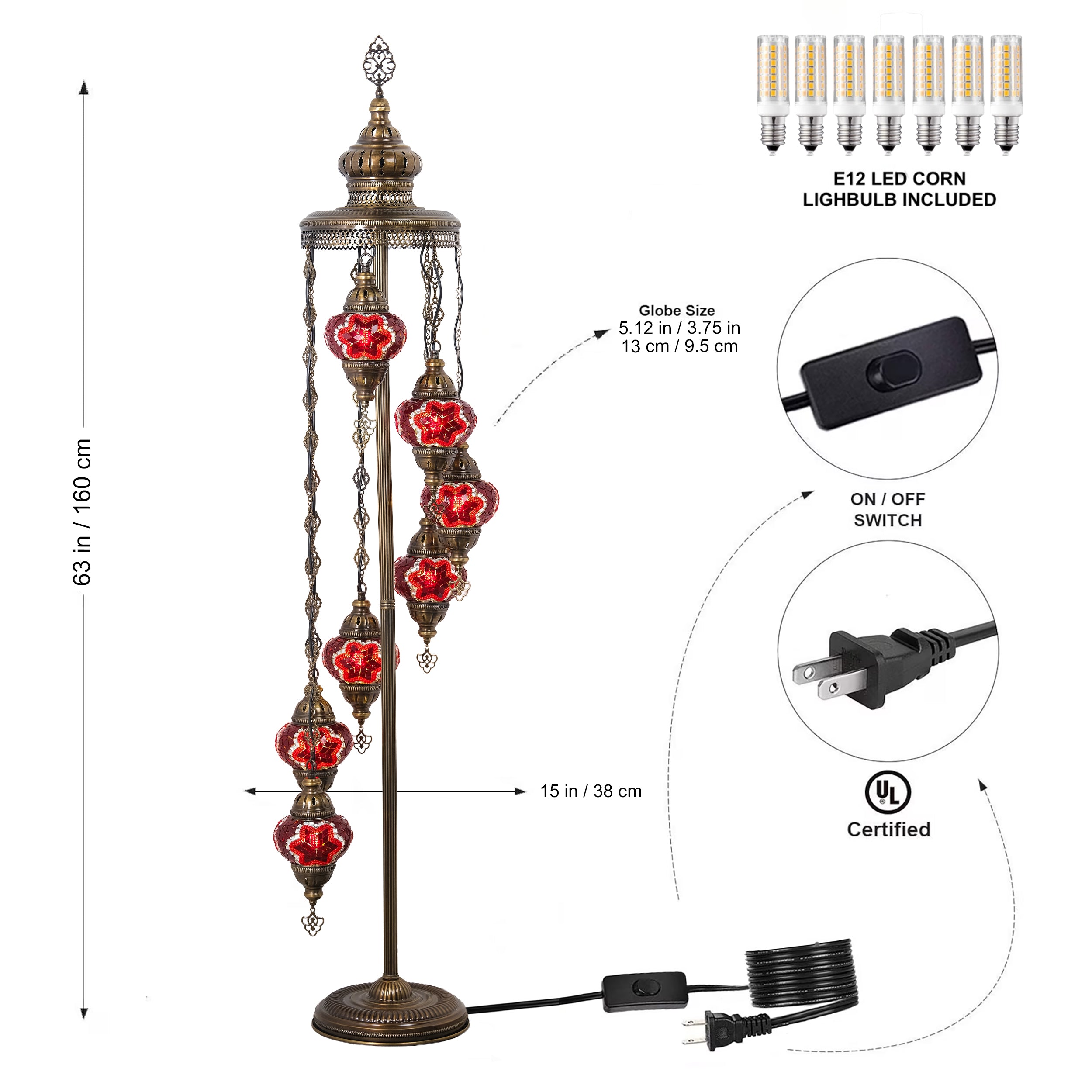 7-Globe Turkish Mosaic Floor Lamp (Red)