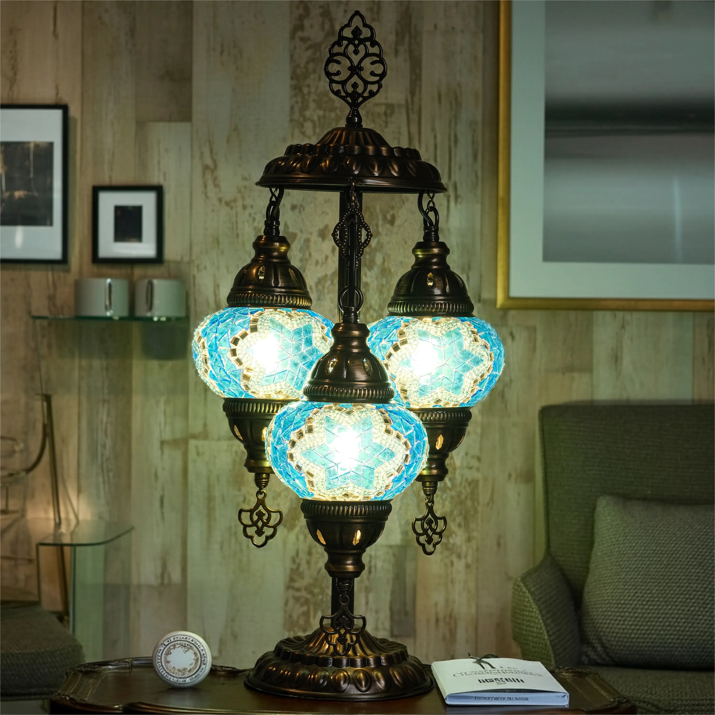 3-Globe Turkish Mosaic Table Lamp (Blue)
