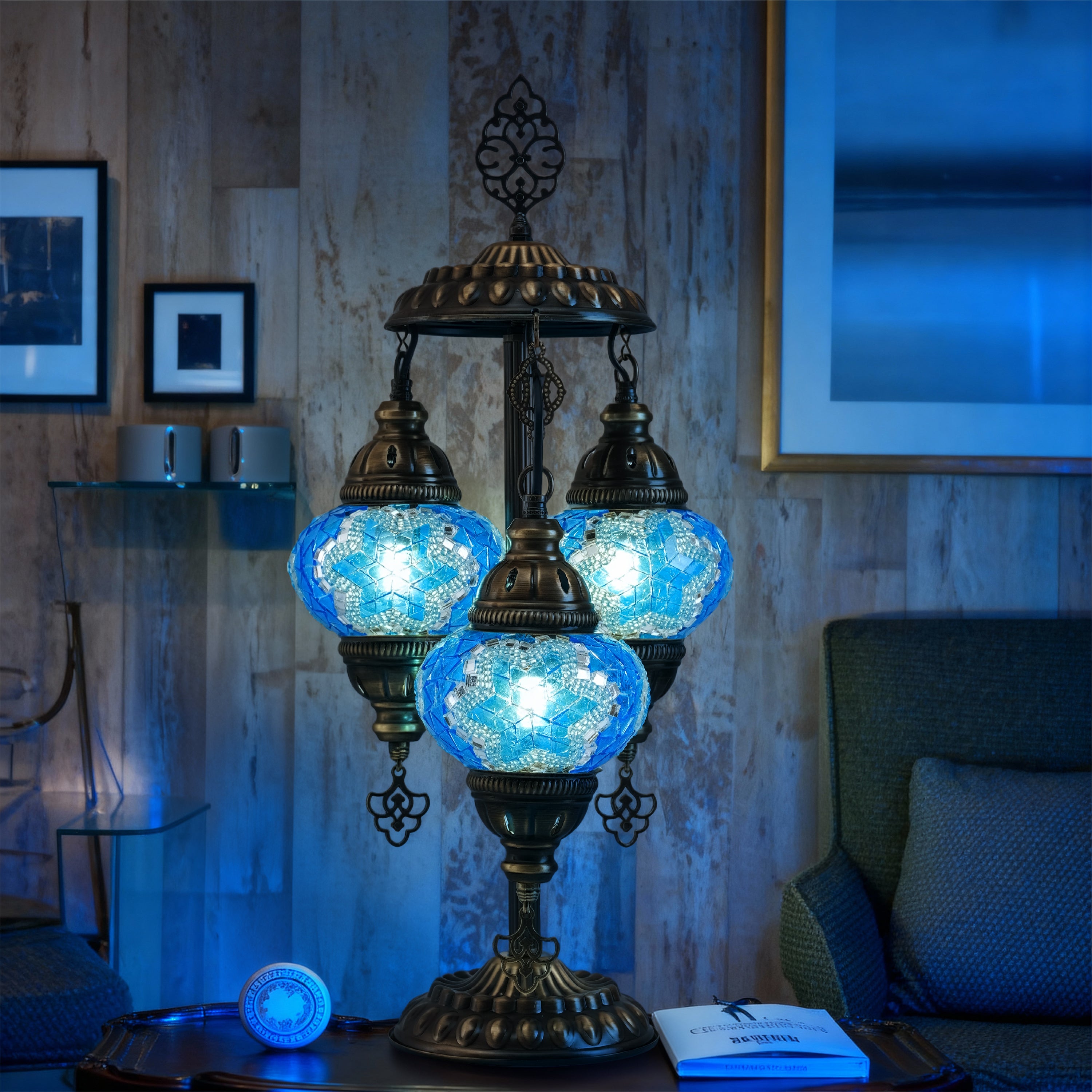 3-Globe Turkish Mosaic Table Lamp (Blue)