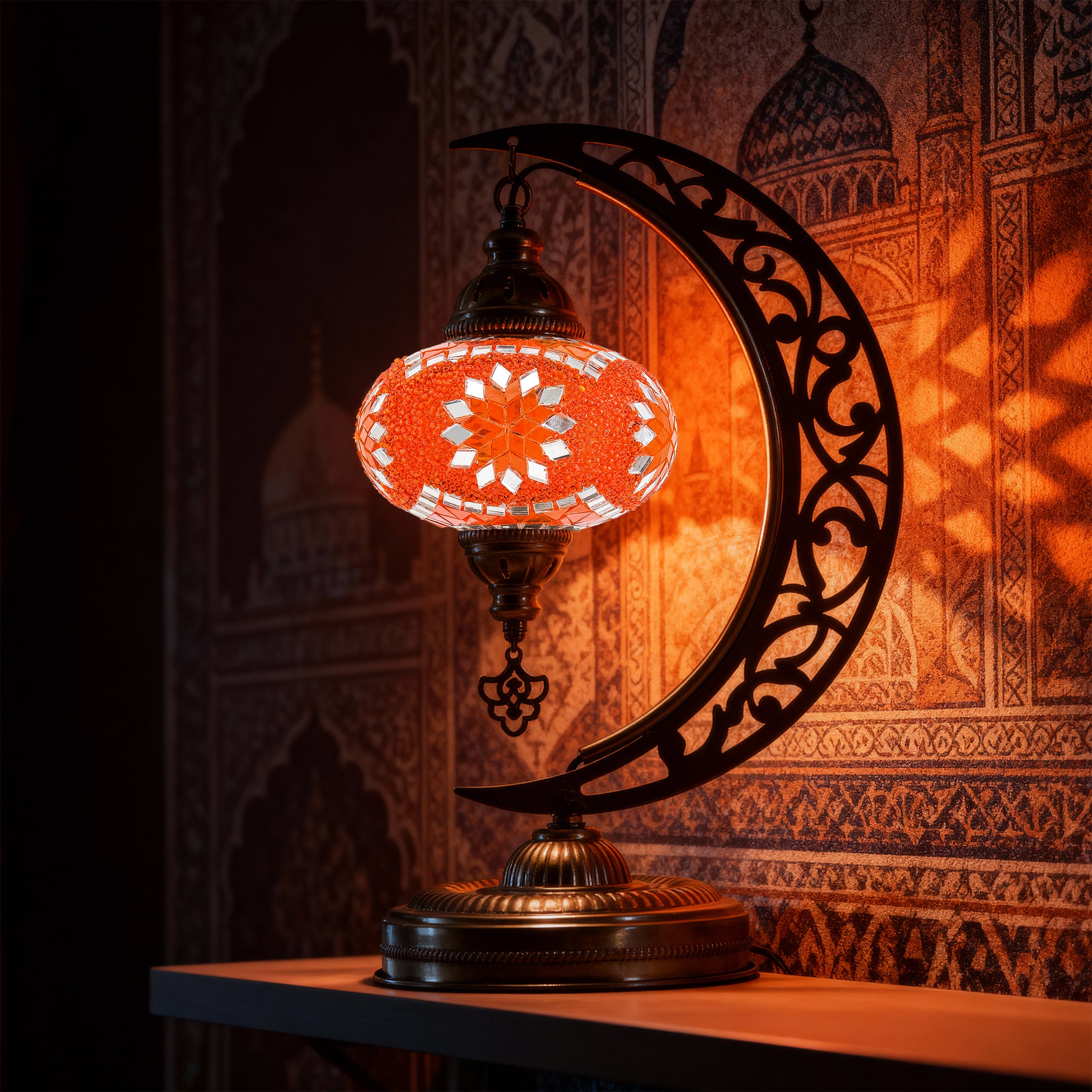 Turkish Mosaic Crescent Table Lamp (Orange)