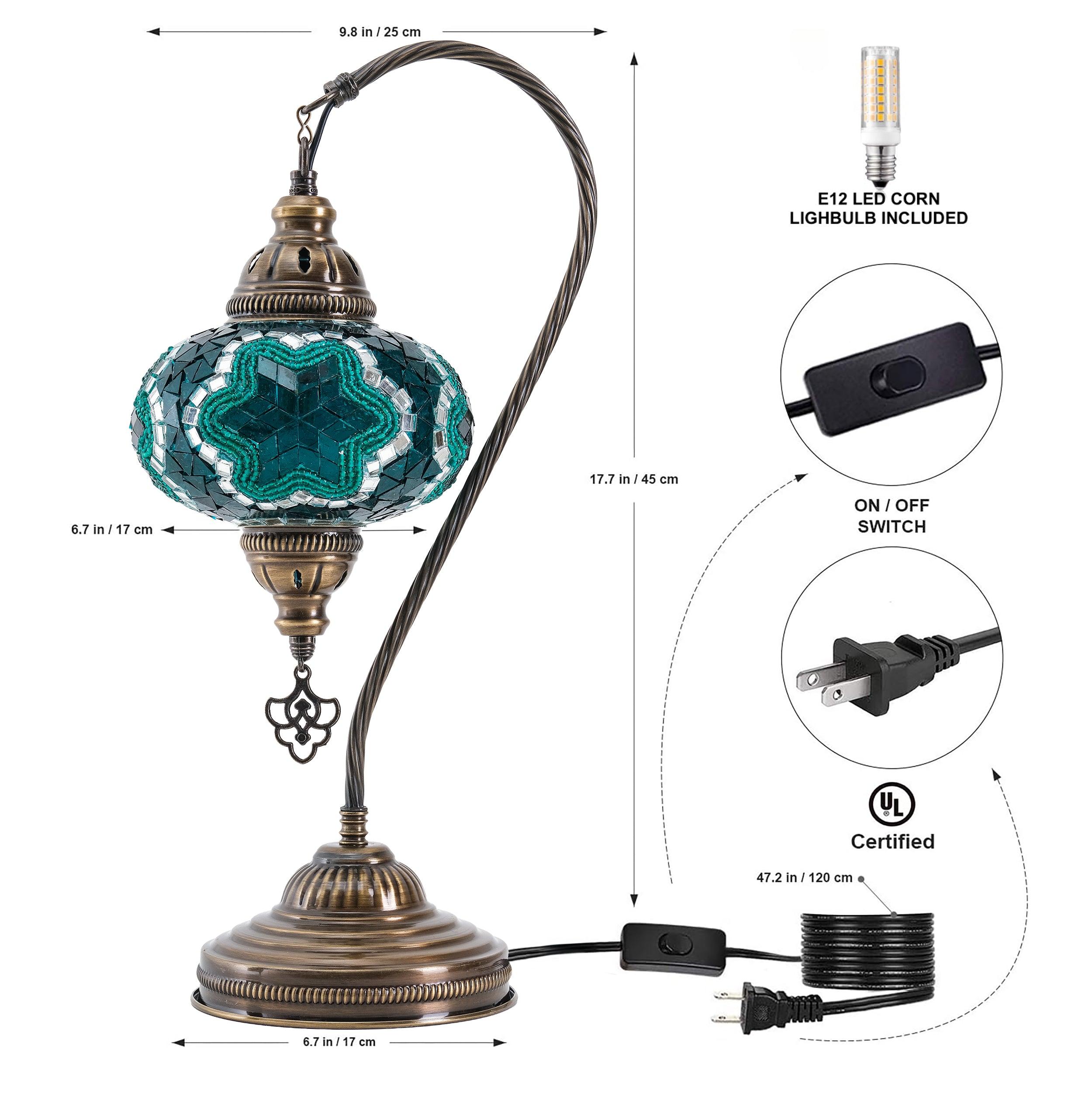 Mozaist Handmade Turkish Mosaic Swan Table Lamp Emerald Green