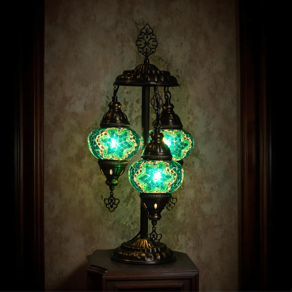 3-Globe Turkish Mosaic Table Lamp (Green)