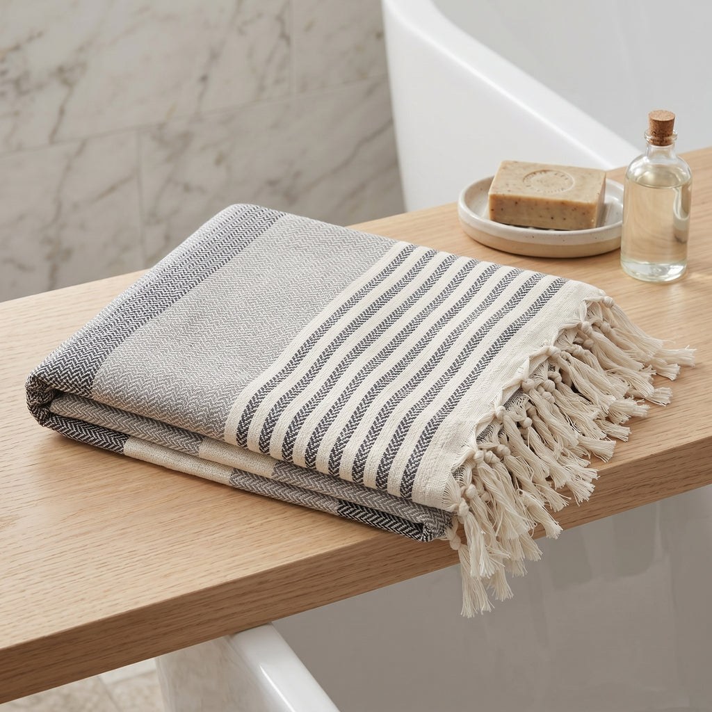 Black Grey Premium Turkish Cotton Peshtemal – Lightweight Spa & Beach Towel, Soft, Absorbent & Quick Dry (HPS-01)