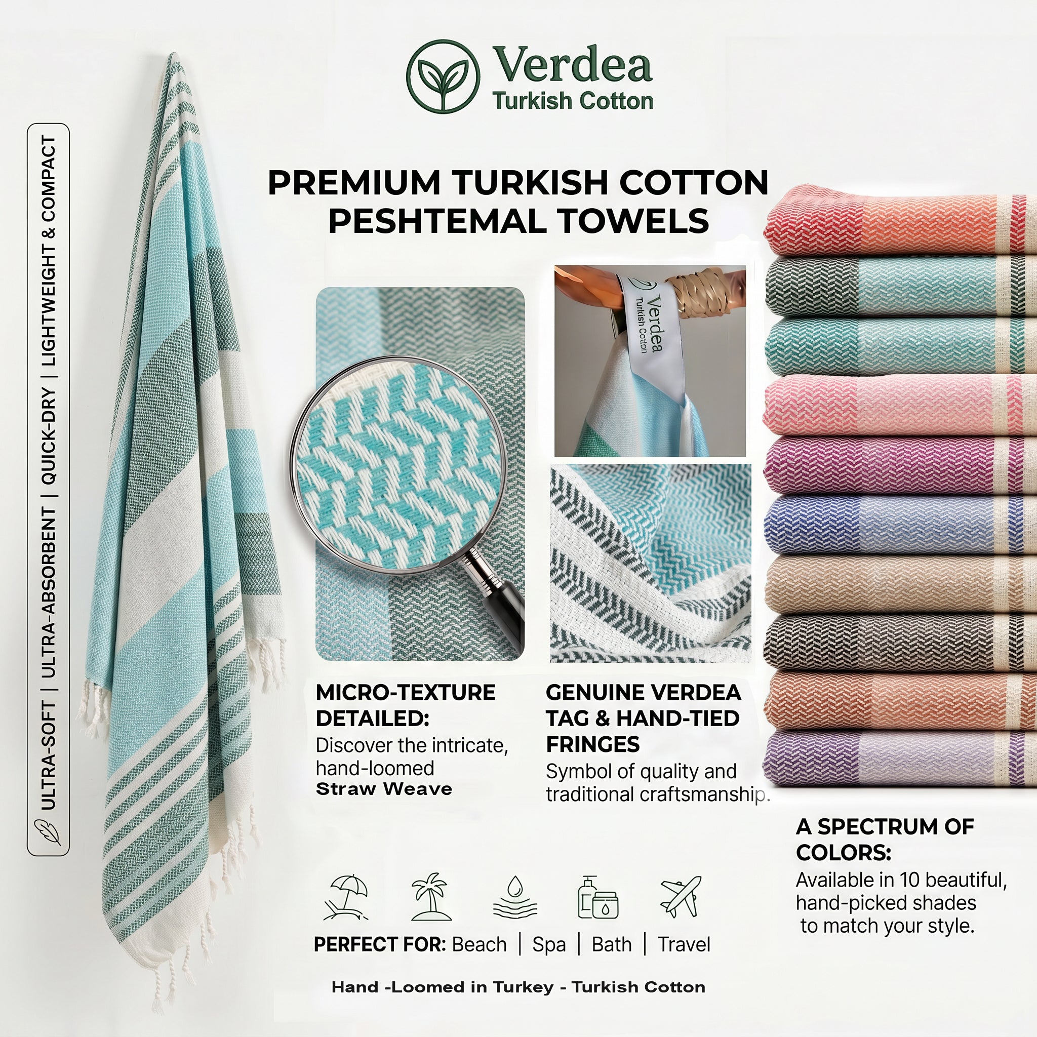 Water Green Premium Turkish Cotton Peshtemal – Lightweight Spa & Beach Towel, Soft, Absorbent & Quick Dry (HPS-01)
