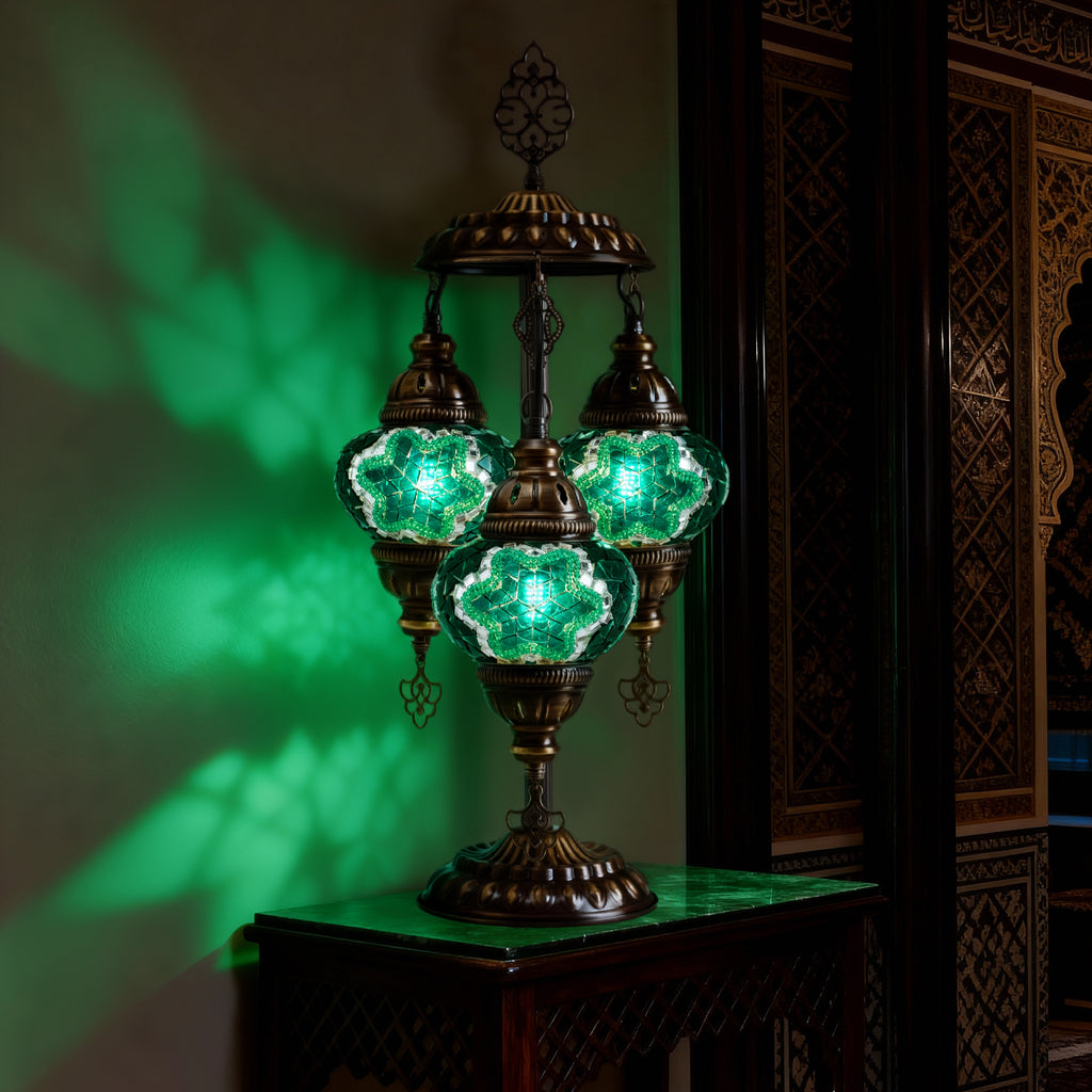3-Globe Turkish Mosaic Table Lamp (Green)