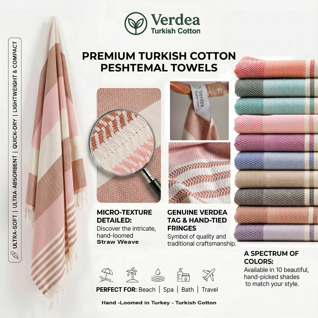 Brown Pink Premium Turkish Cotton Peshtemal – Lightweight Spa & Beach Towel, Soft, Absorbent & Quick Dry (HPS-01)