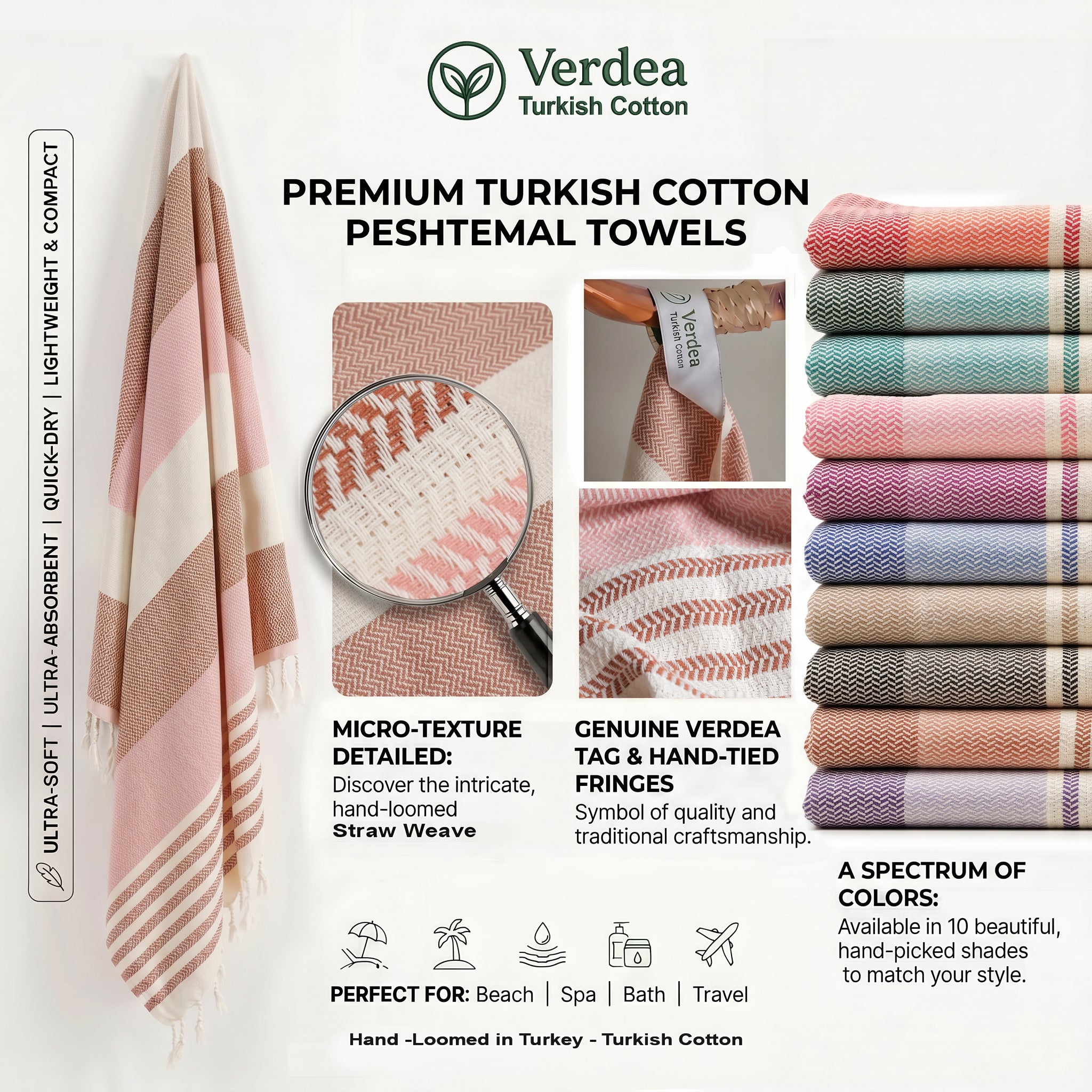 Brown Pink Premium Turkish Cotton Peshtemal – Lightweight Spa & Beach Towel, Soft, Absorbent & Quick Dry (HPS-01)