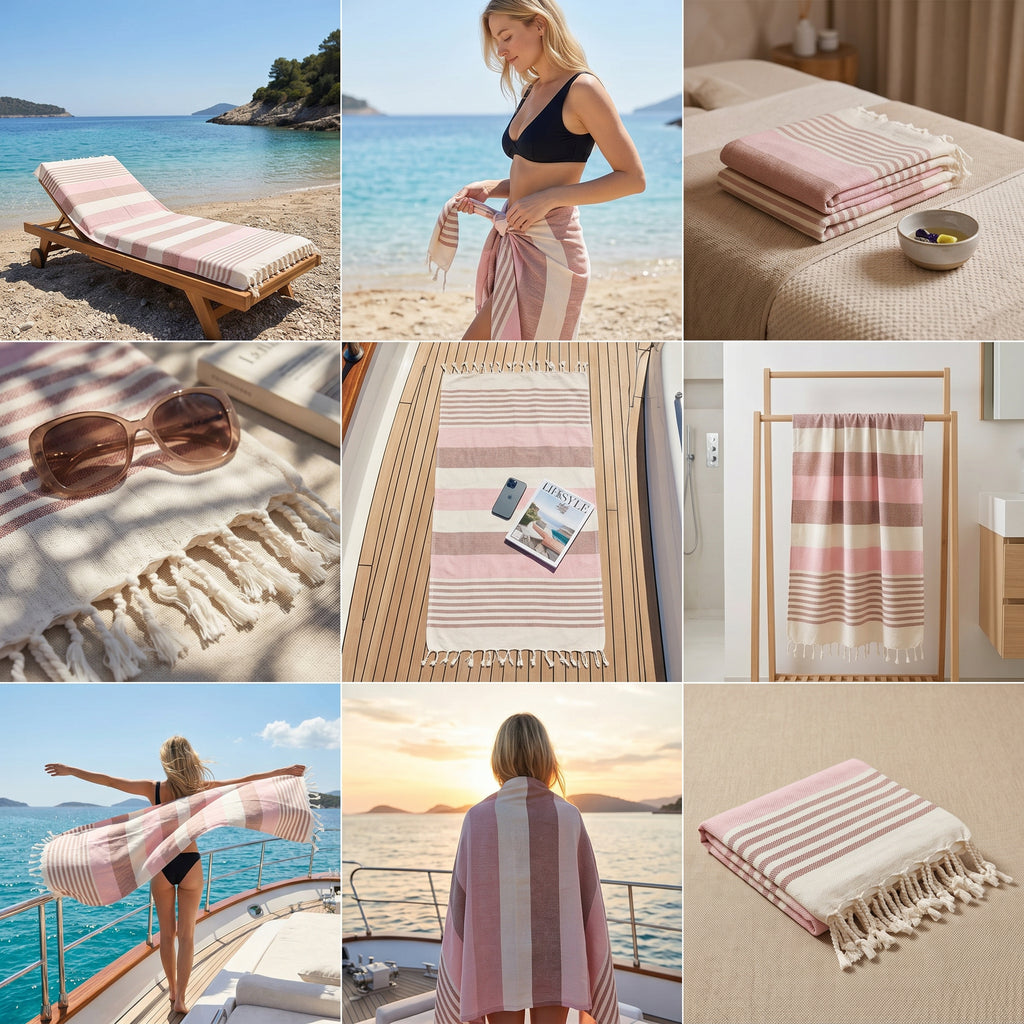 Brown Pink Premium Turkish Cotton Peshtemal – Lightweight Spa & Beach Towel, Soft, Absorbent & Quick Dry (HPS-01)