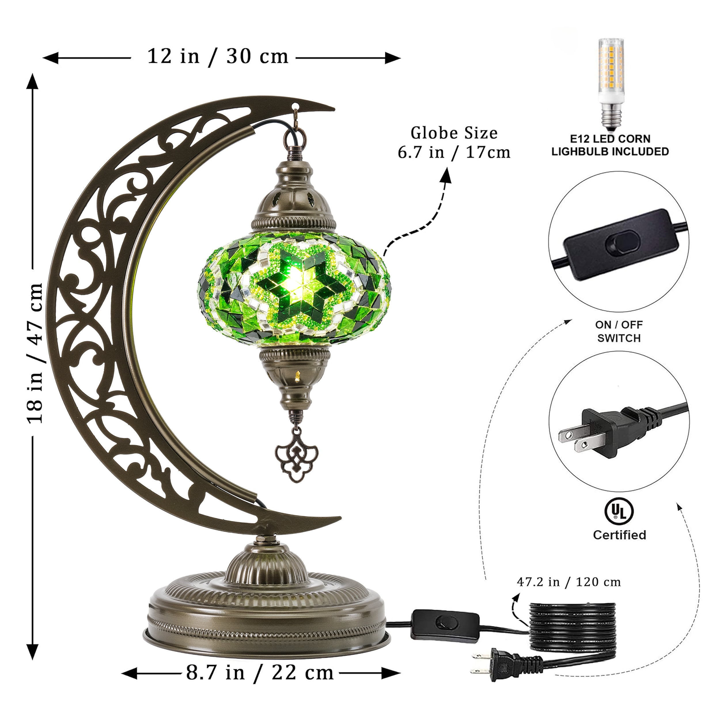 Turkish Mosaic Crescent Table Lamp (Green)
