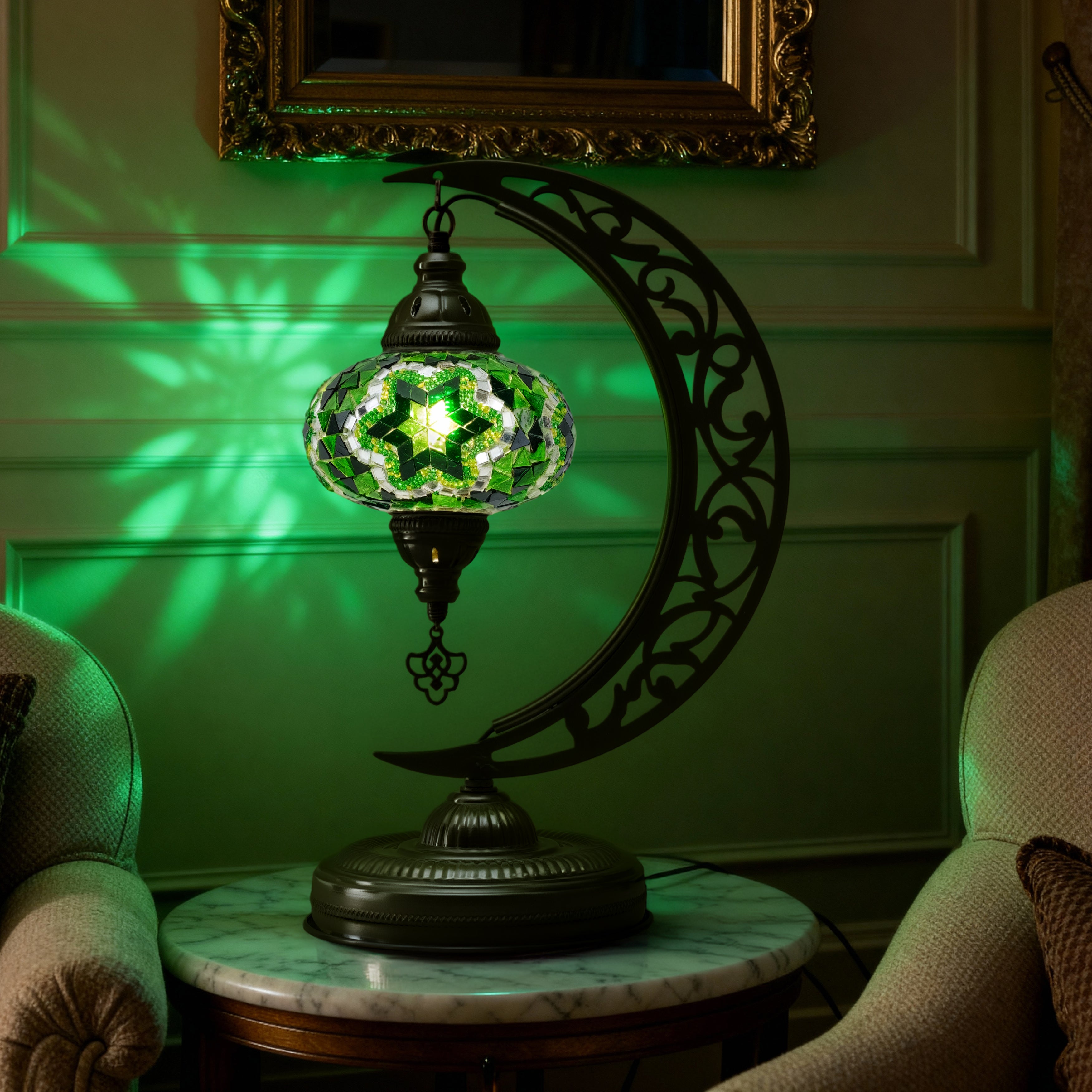 Turkish Mosaic Crescent Table Lamp (Green)