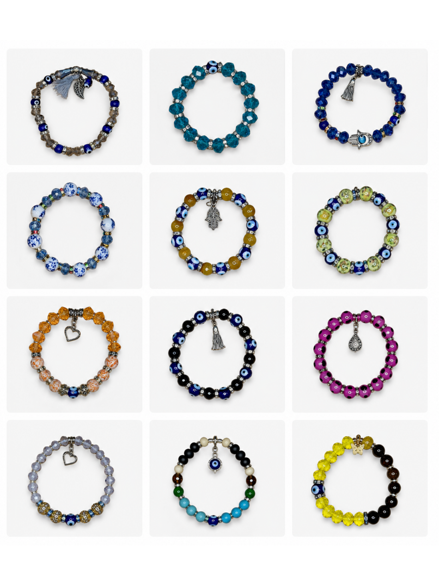 Mixed Evil Eye Bracelet Set – Handmade Glass Crystal Beaded Stretch Bracelets – Assorted Nazar Jewelry
