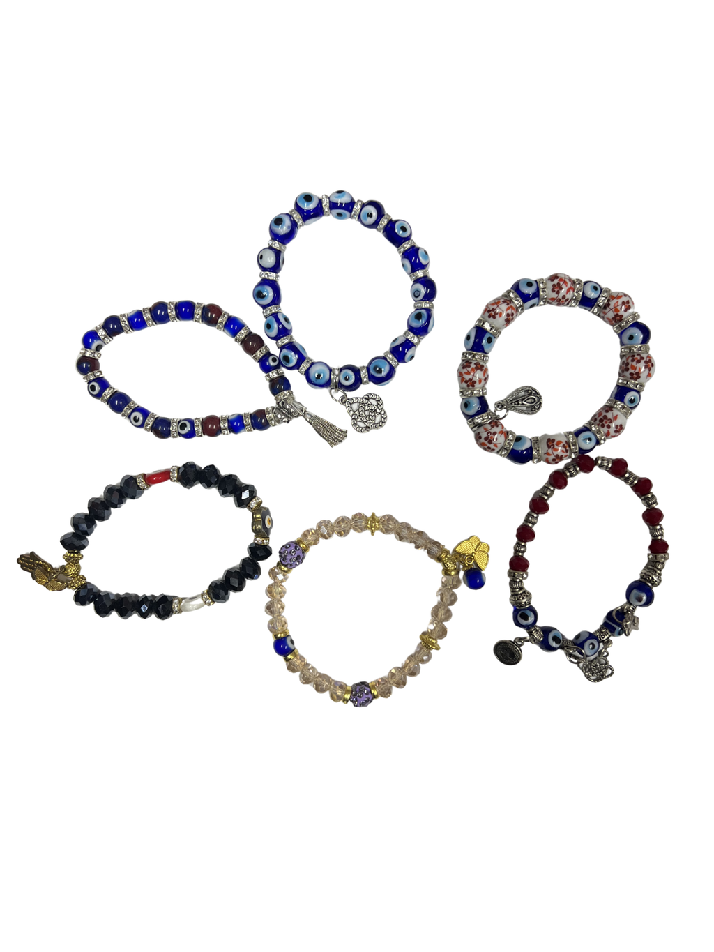 Mixed Evil Eye Bracelet Set – Handmade Glass Crystal Beaded Stretch Bracelets – Assorted Nazar Jewelry