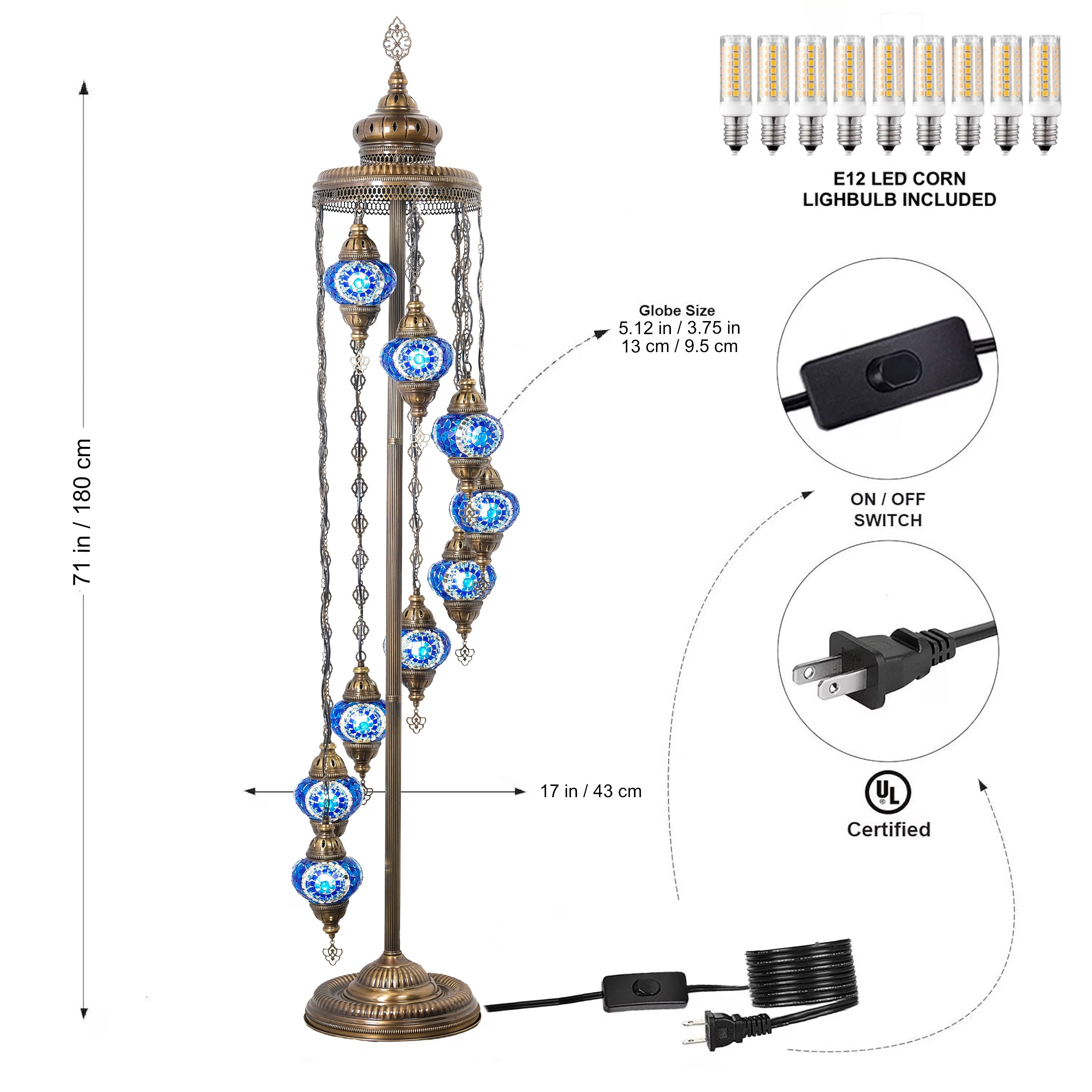 9-Globe Turkish Mosaic Floor Lamp (Blue)