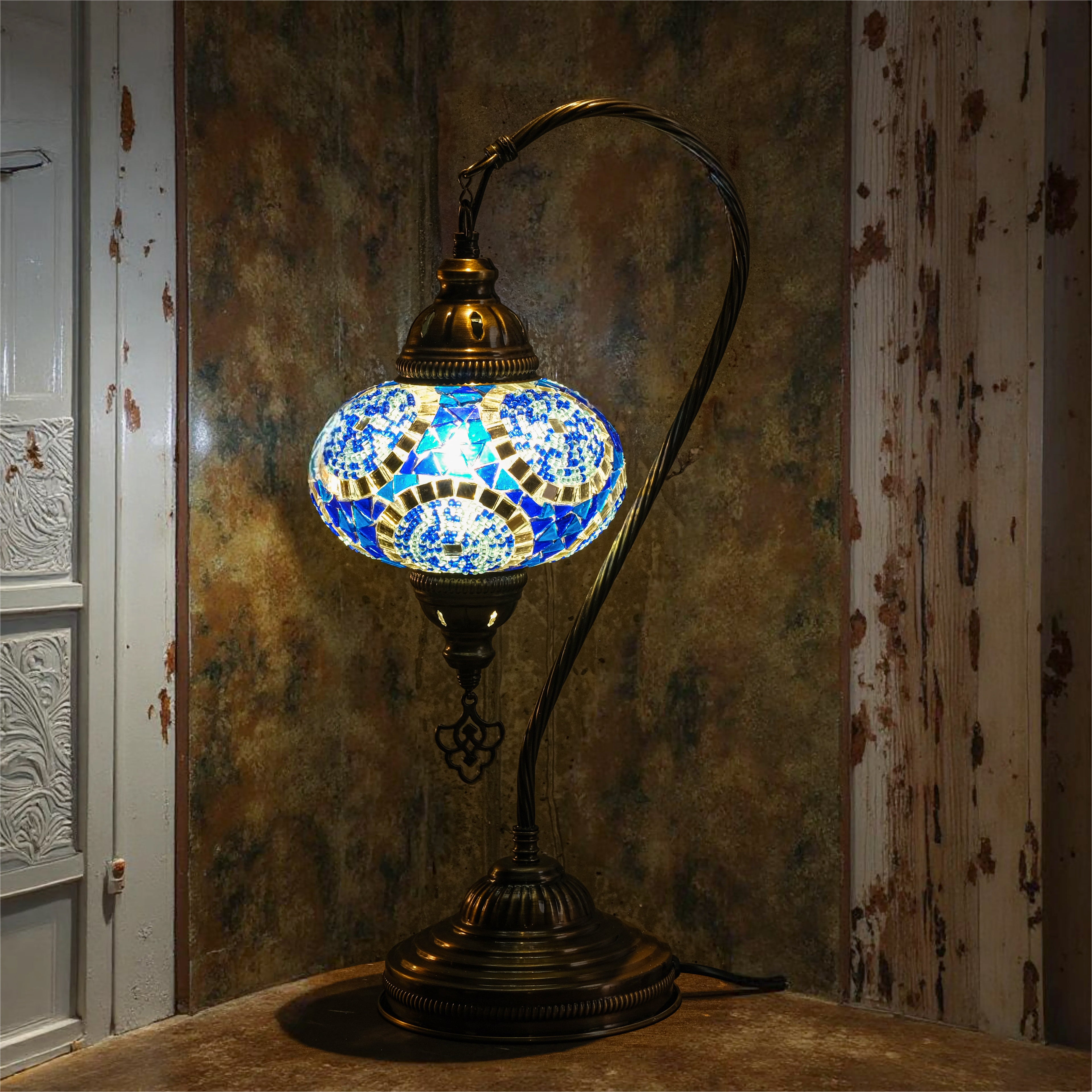 Mozaist Handmade Turkish Mosaic Swan Table Lamp Blue