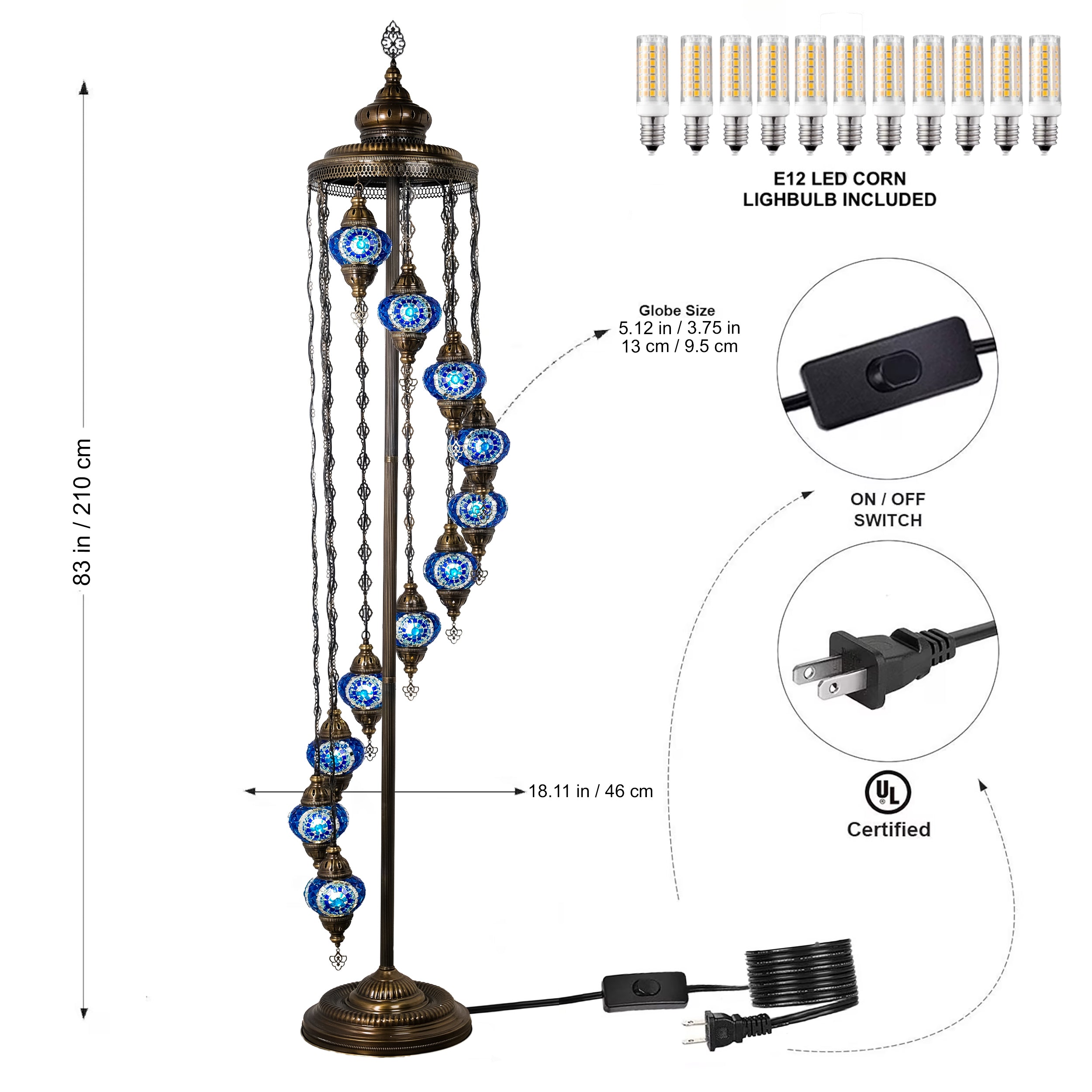 11-Globe Turkish Mosaic Floor Lamp (Blue)