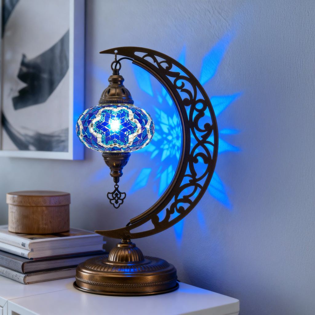 Turkish Mosaic Crescent Table Lamp (Blue)