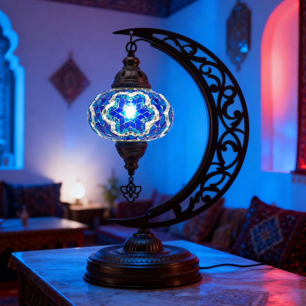 Turkish Mosaic Crescent Table Lamp (Blue)
