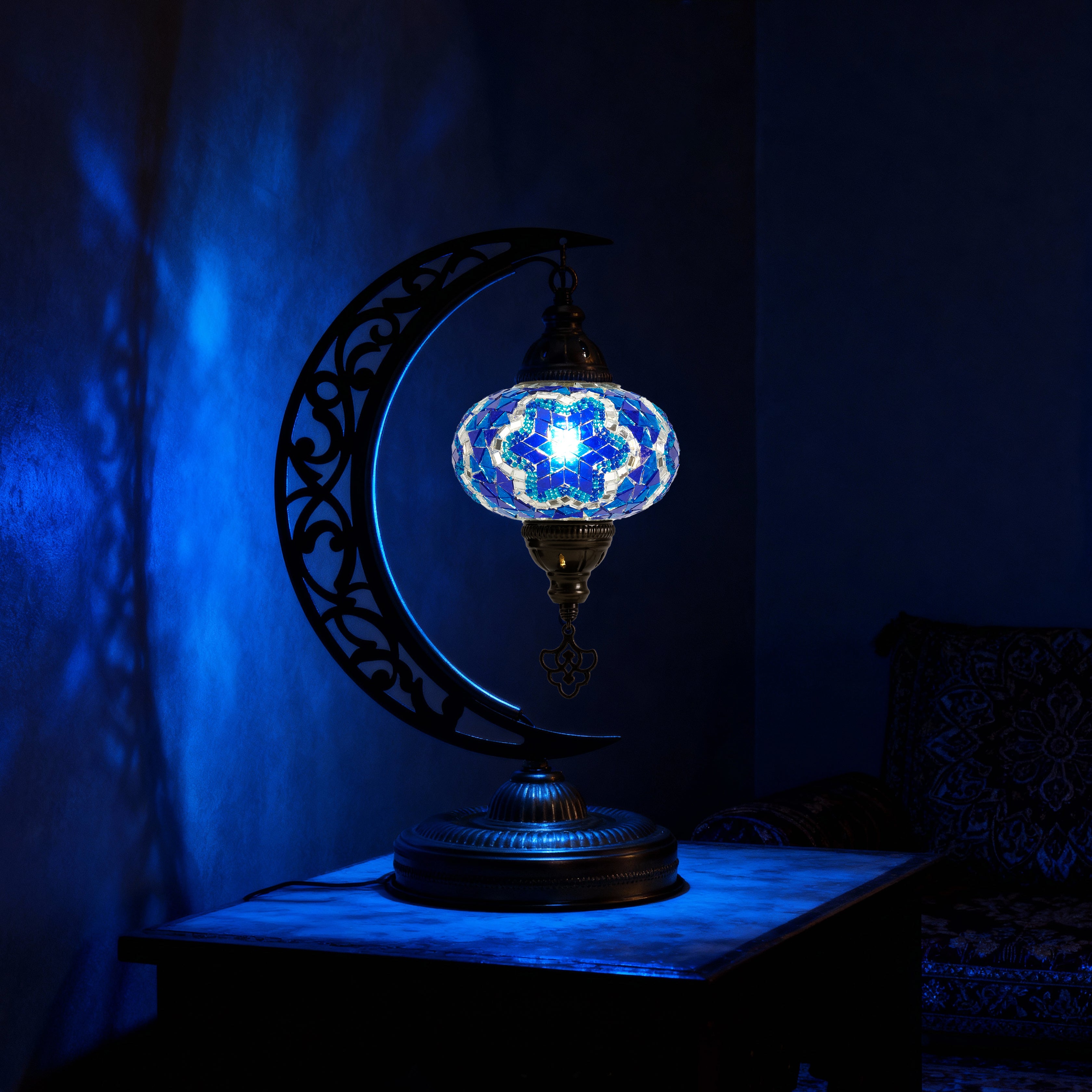Turkish Mosaic Crescent Table Lamp (Blue)