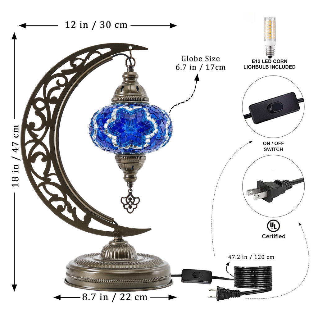 Turkish Mosaic Crescent Table Lamp (Blue)
